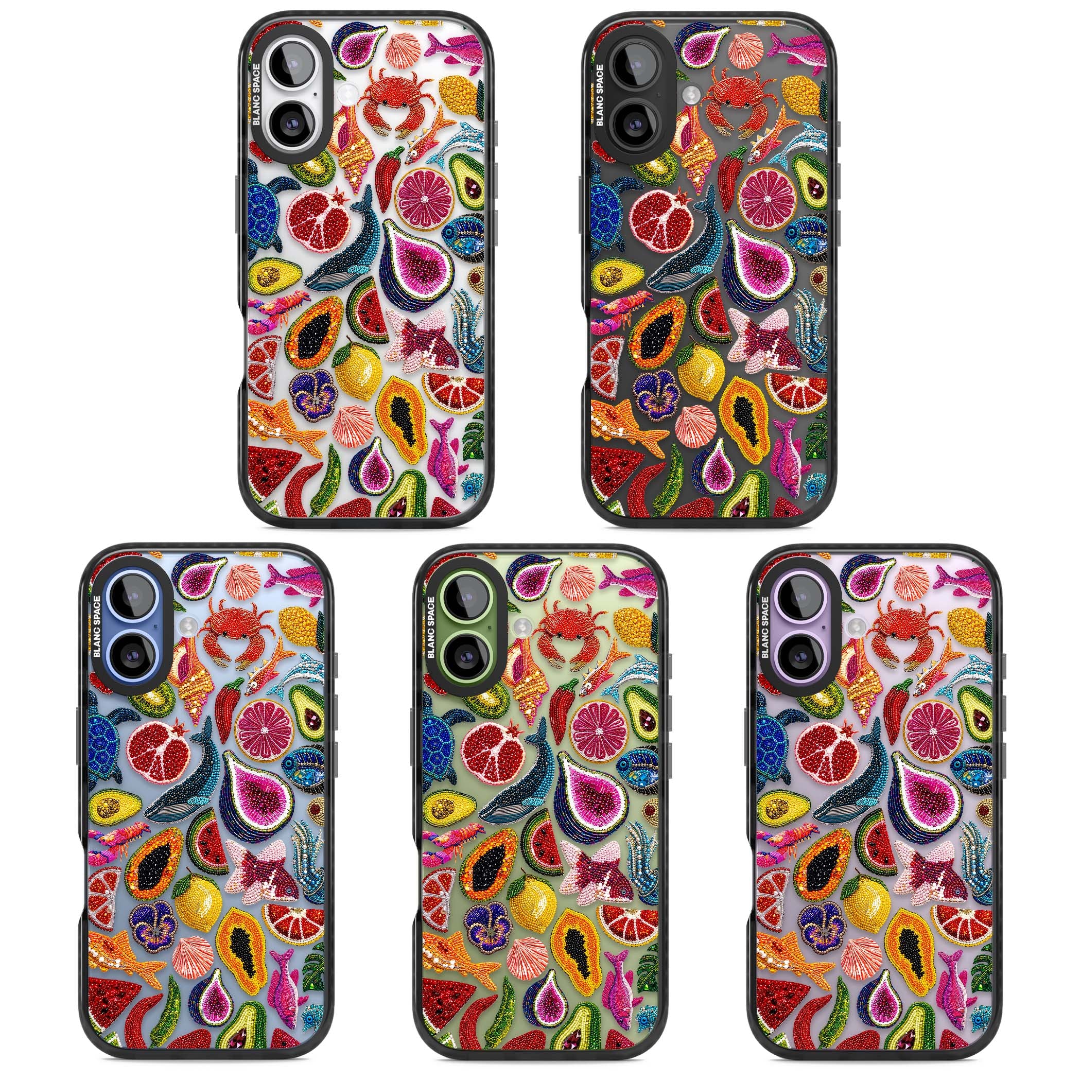 Beaded Tropic tropical iPhone case featuring beaded fruit, fish, crabs and seashells in vibrant colour | Clear Impact case for iPhone 17