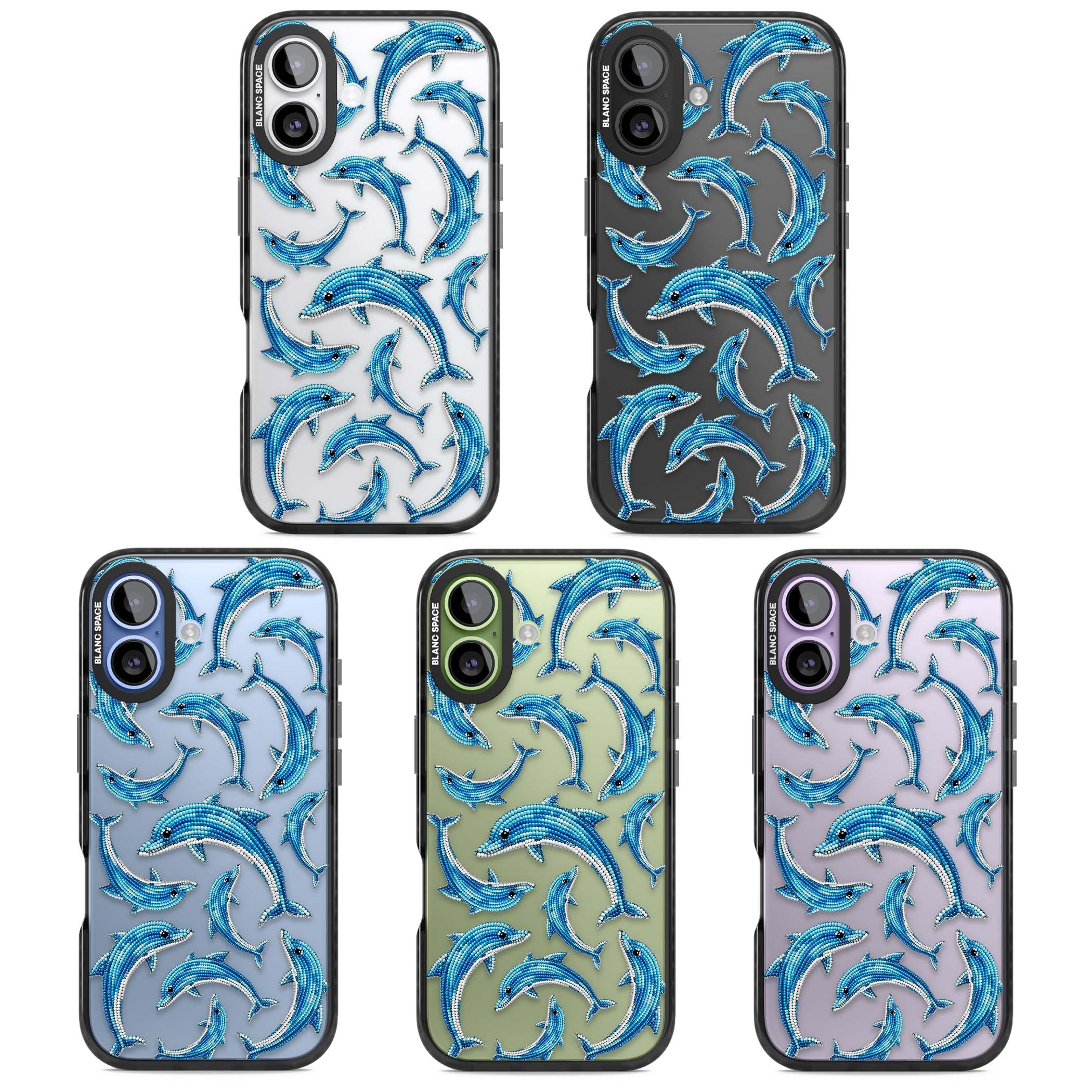 Beaded Dolphins coastal iPhone case featuring beaded dolphins in blue and white swimming across a clear background | Clear Impact case for iPhone 17