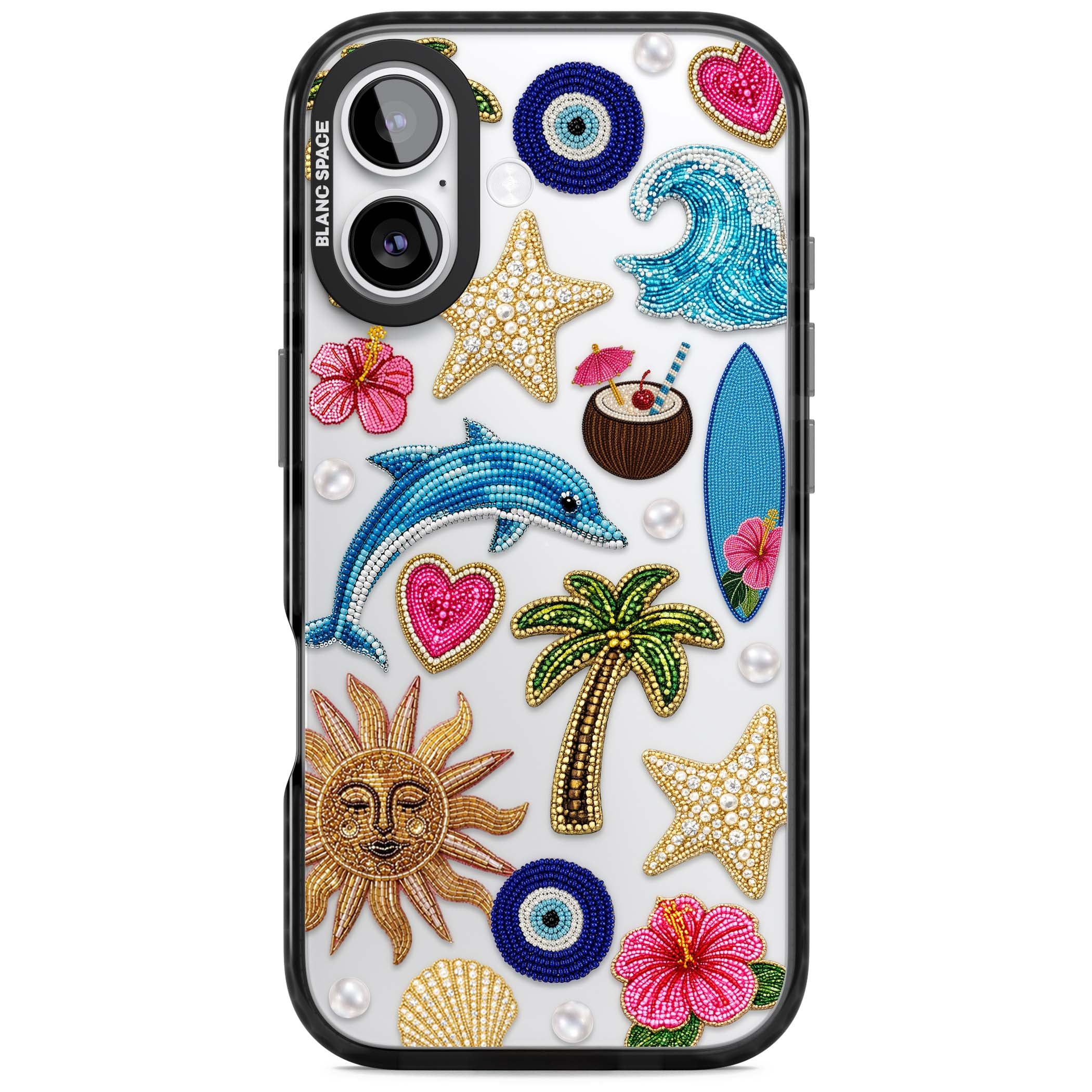 Beaded Beach coastal summer iPhone case featuring embroidered evil eye, hibiscus flowers, dolphin and palm tree patches | Clear Impact case for iPhone 17