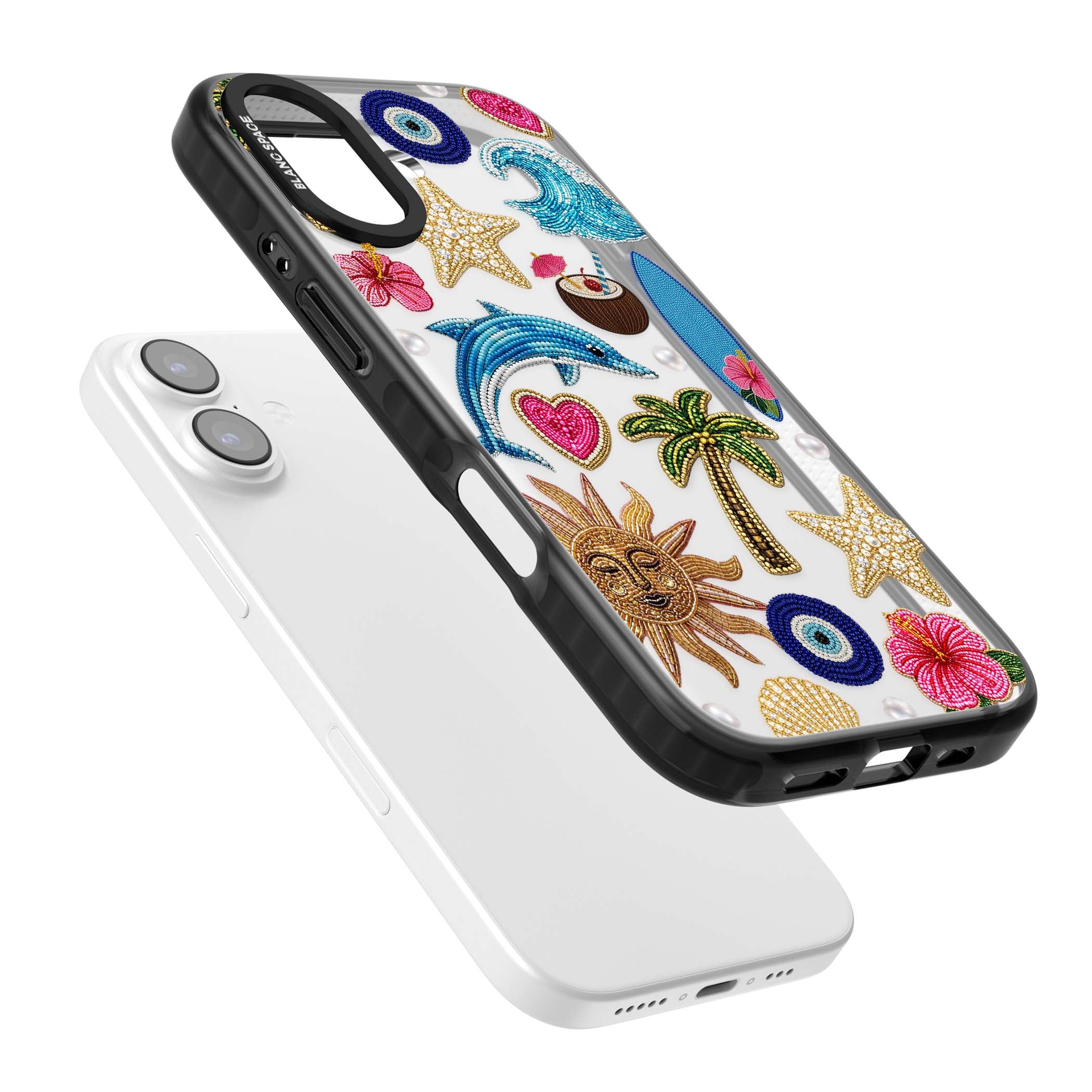 Beaded Beach coastal summer iPhone case featuring embroidered evil eye, hibiscus flowers, dolphin and palm tree patches | Clear Impact case for iPhone 17