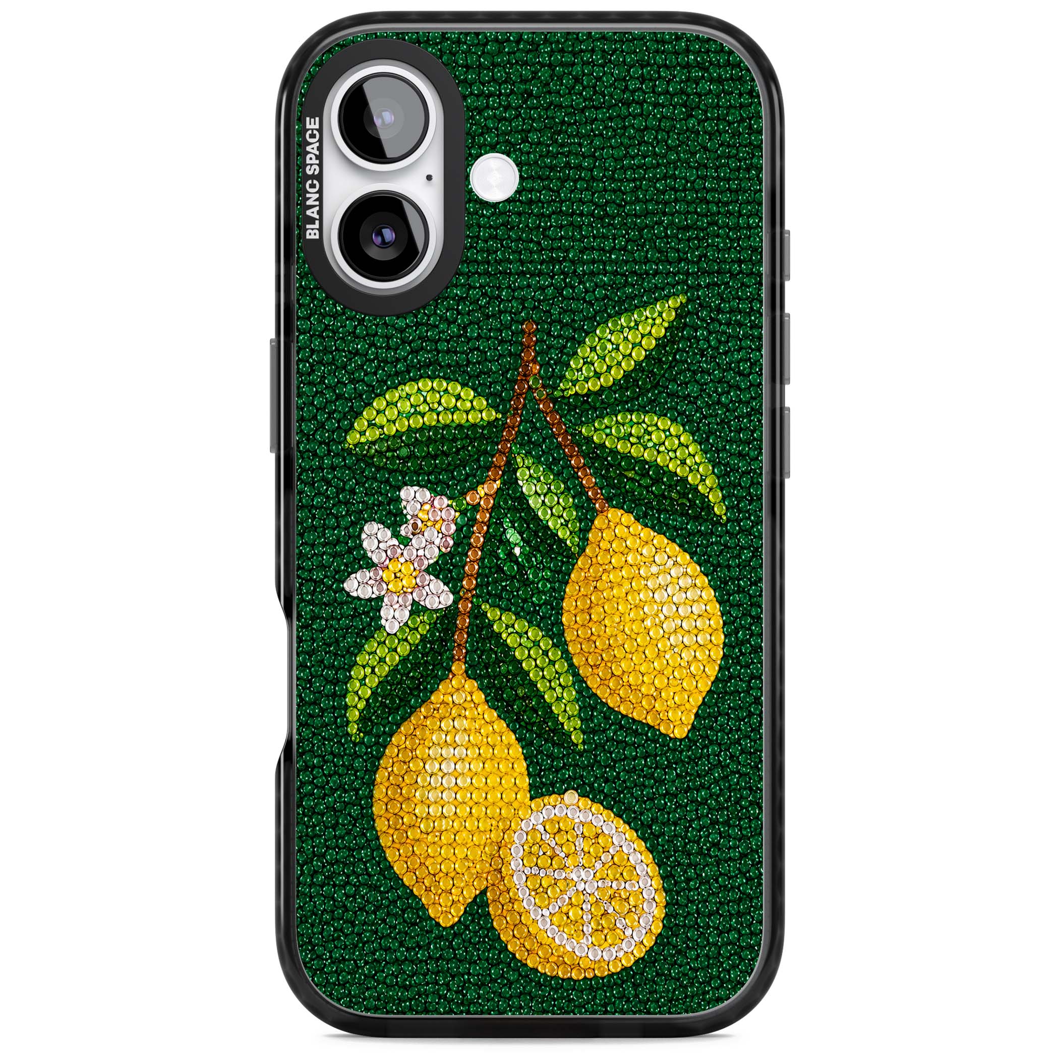 Beaded Lemons coastal iPhone case featuring crystal-beaded lemons, citrus blossom and green leaves on emerald ground | Clear Impact case for iPhone 17