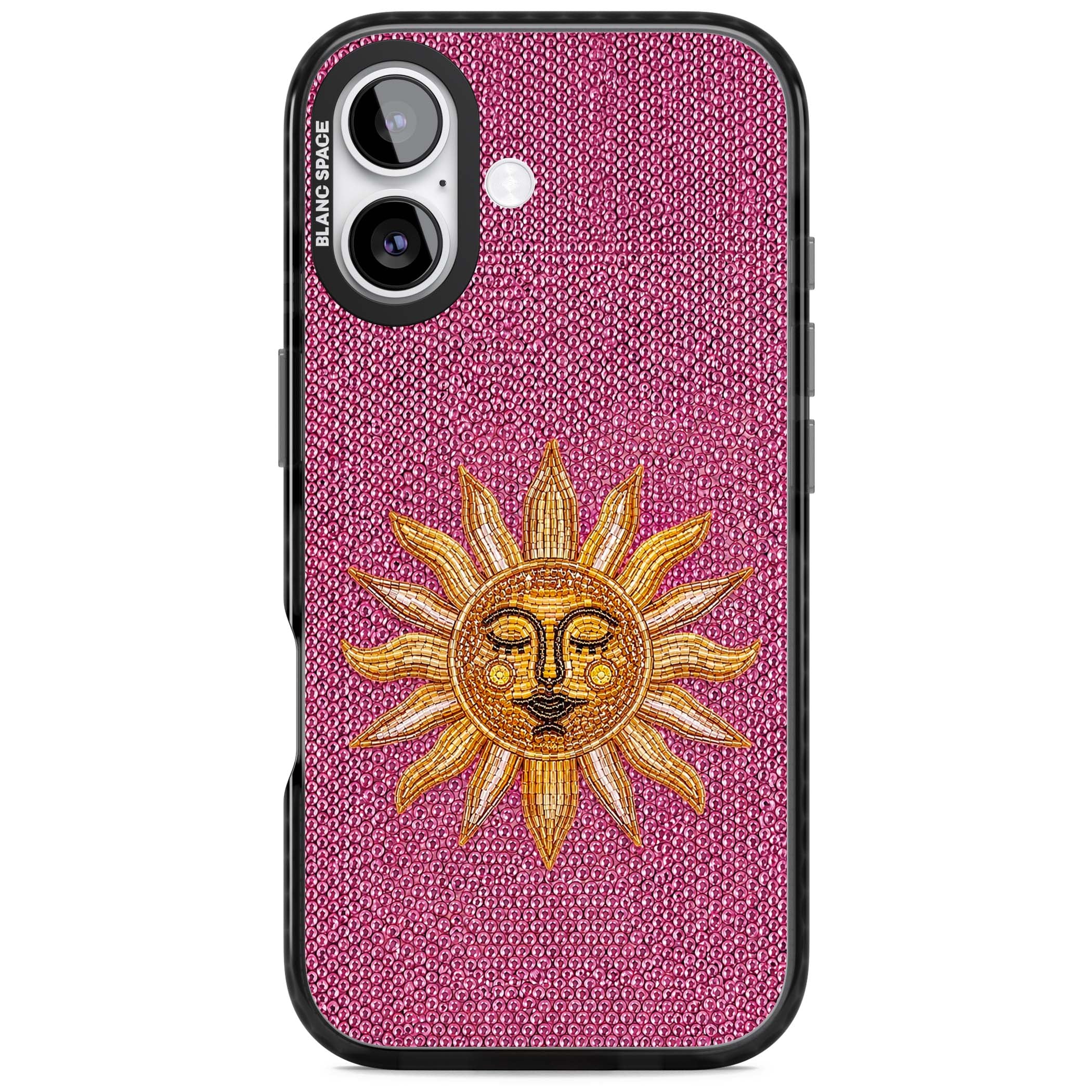 Beaded Sun celestial iPhone case featuring a golden beaded sun face with radiant rays on hot pink beaded background | Clear Impact case for iPhone 17