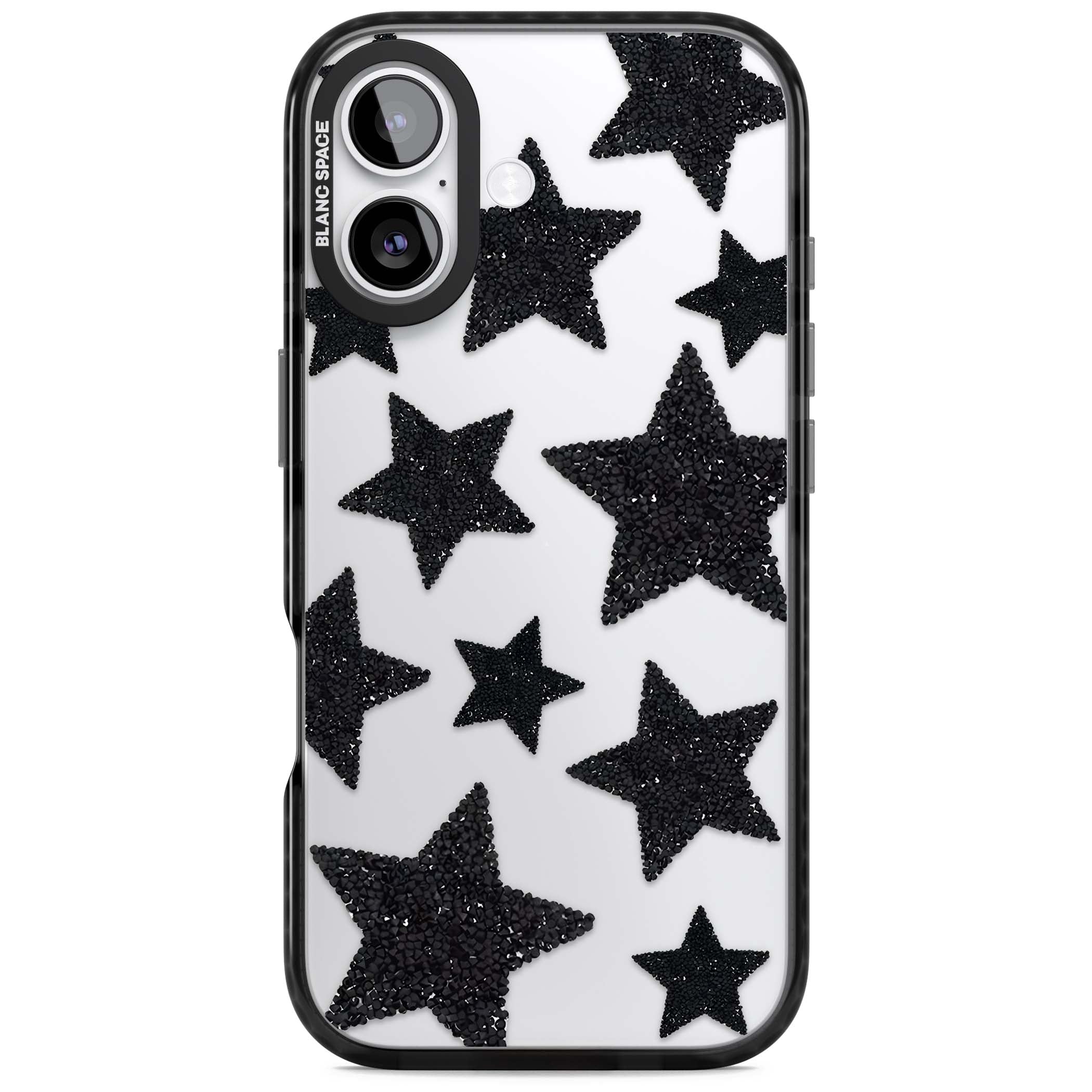 Beaded Black Stars celestial iPhone case featuring black glitter beaded stars scattered on a clear background | Clear Impact case for iPhone 17