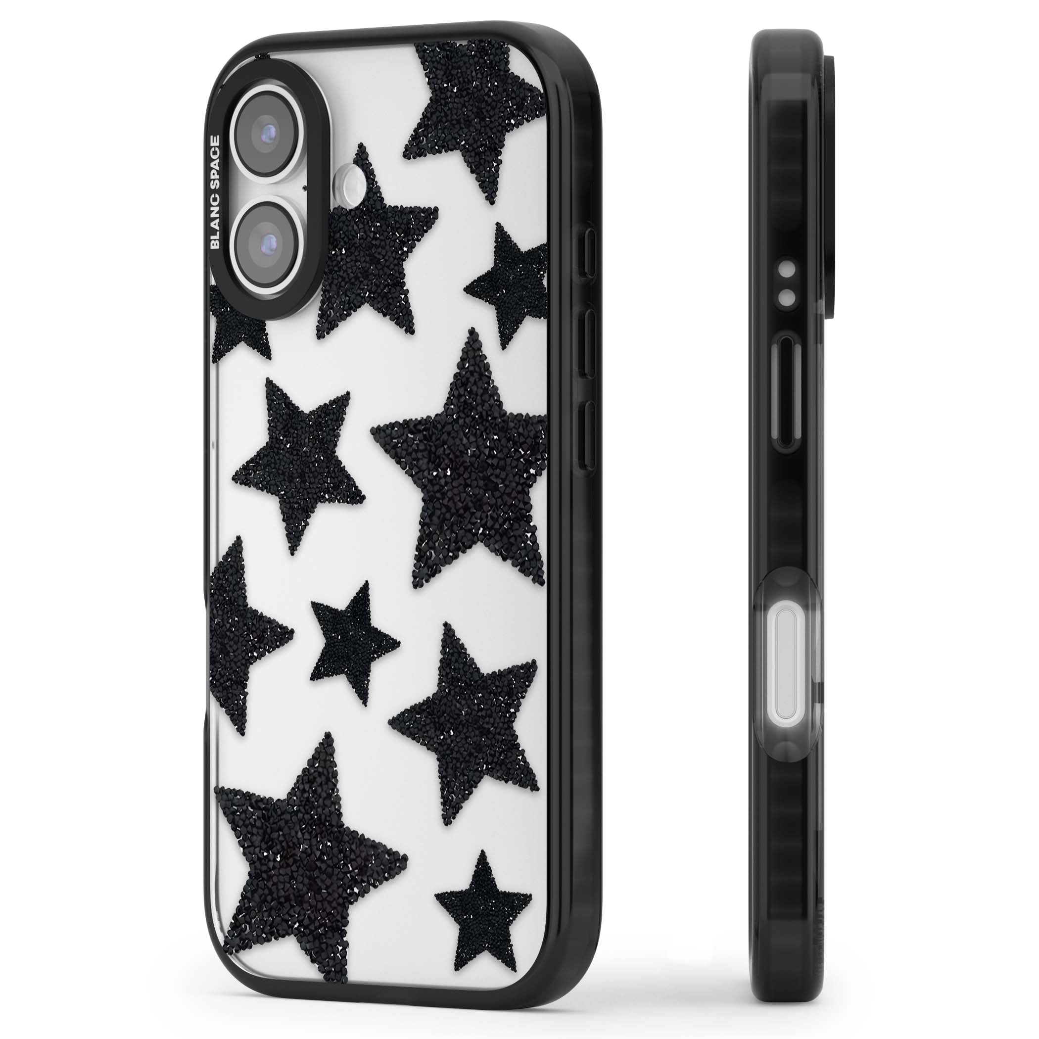 Beaded Black Stars celestial iPhone case featuring black glitter beaded stars scattered on a clear background | Clear Impact case for iPhone 17