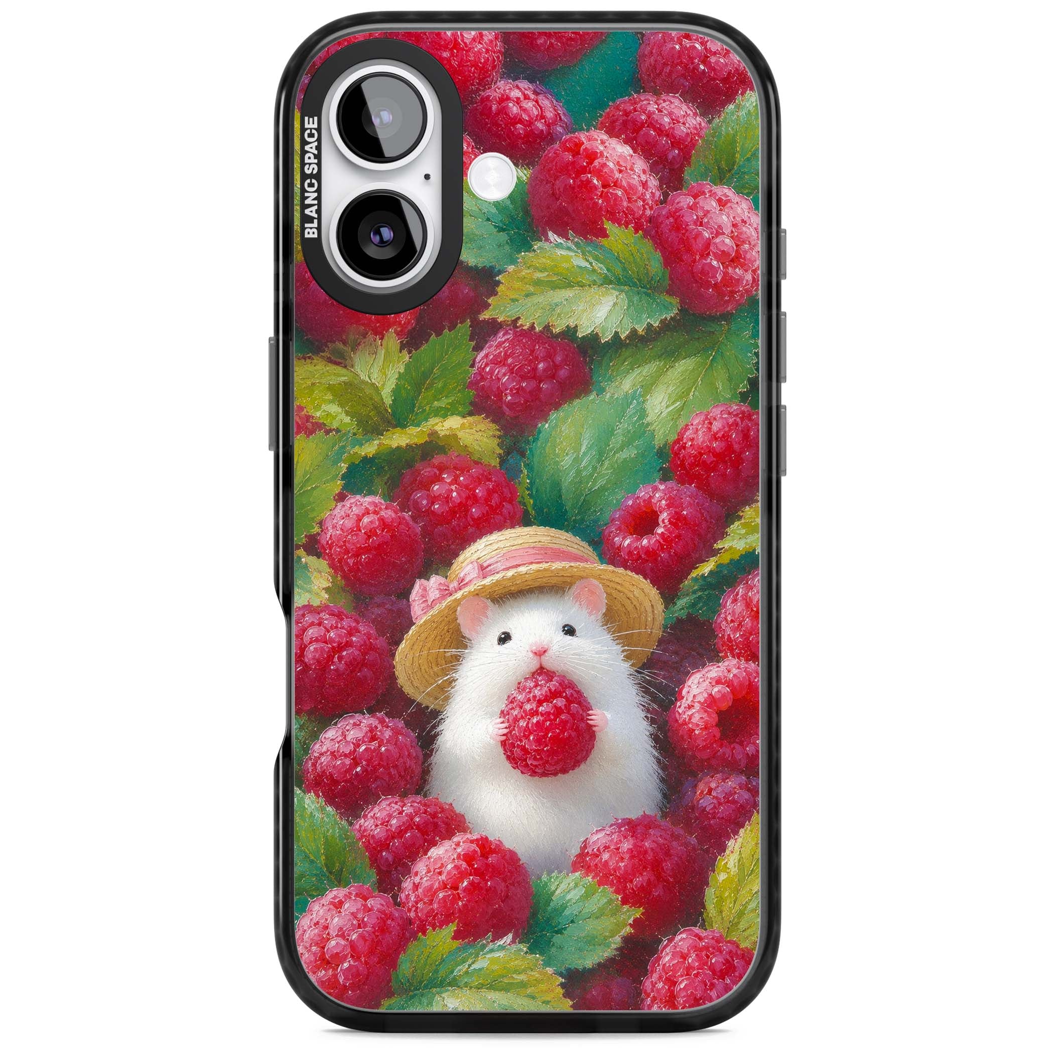 Berry Forager cottagecore iPhone case featuring a white hamster in a straw hat holding a raspberry surrounded by ripe ber | Clear Impact case for iPhone 17