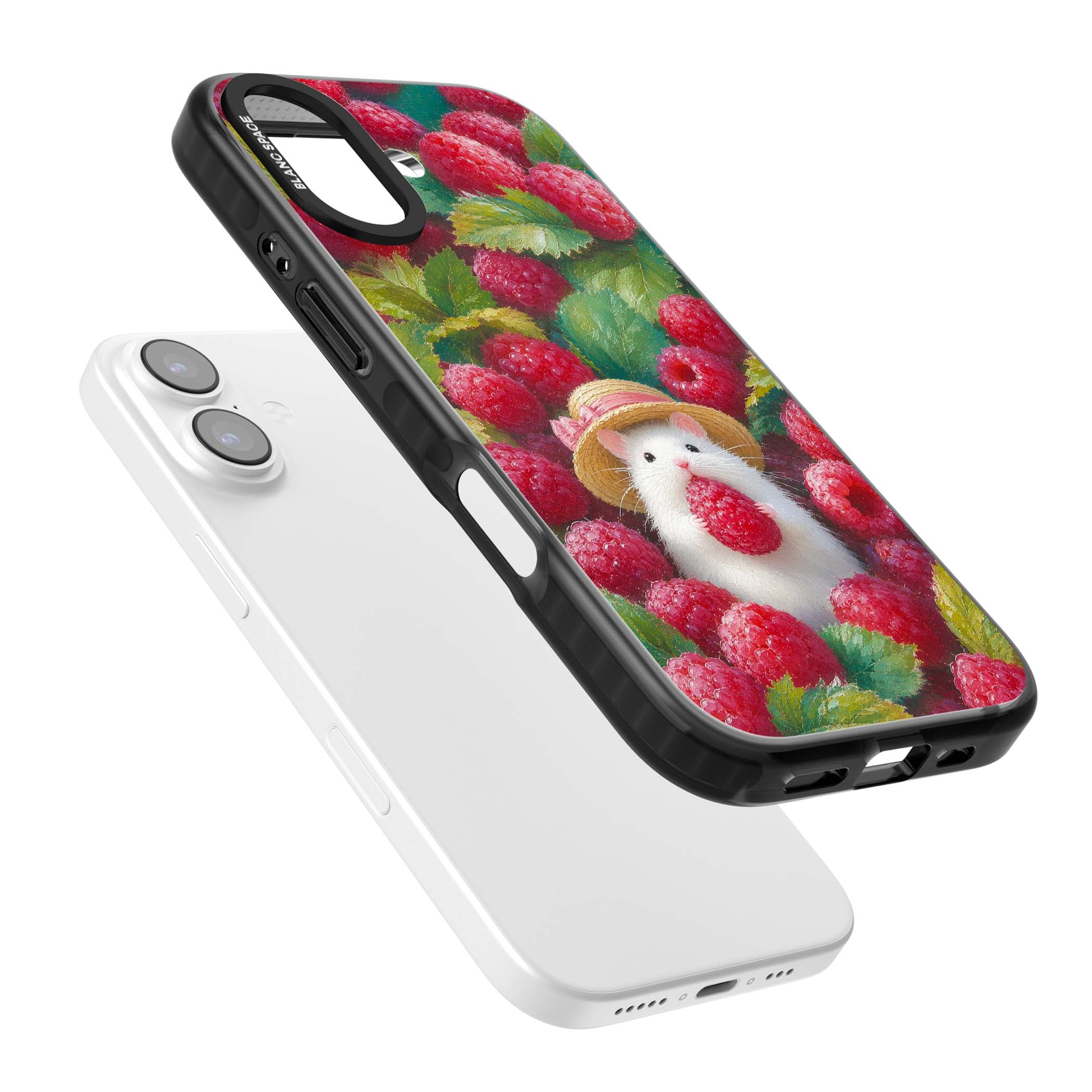 Berry Forager cottagecore iPhone case featuring a white hamster in a straw hat holding a raspberry surrounded by ripe ber | Clear Impact case for iPhone 17