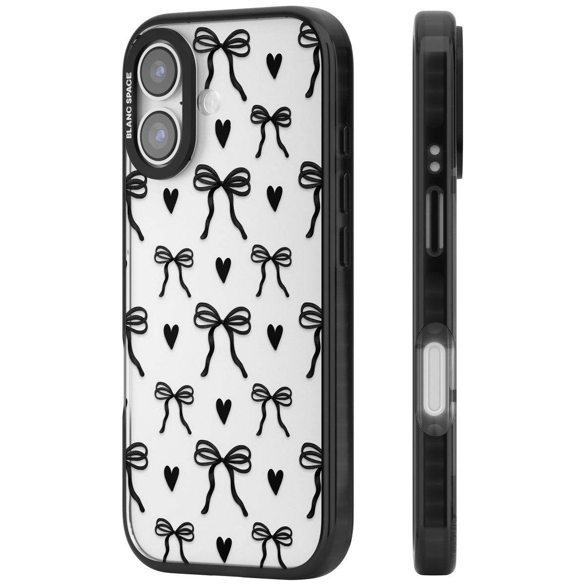 Black Bows & Hearts iPhone 16 / iPhone 16 Plus / iPhone 17 Impact Black Phone Case side