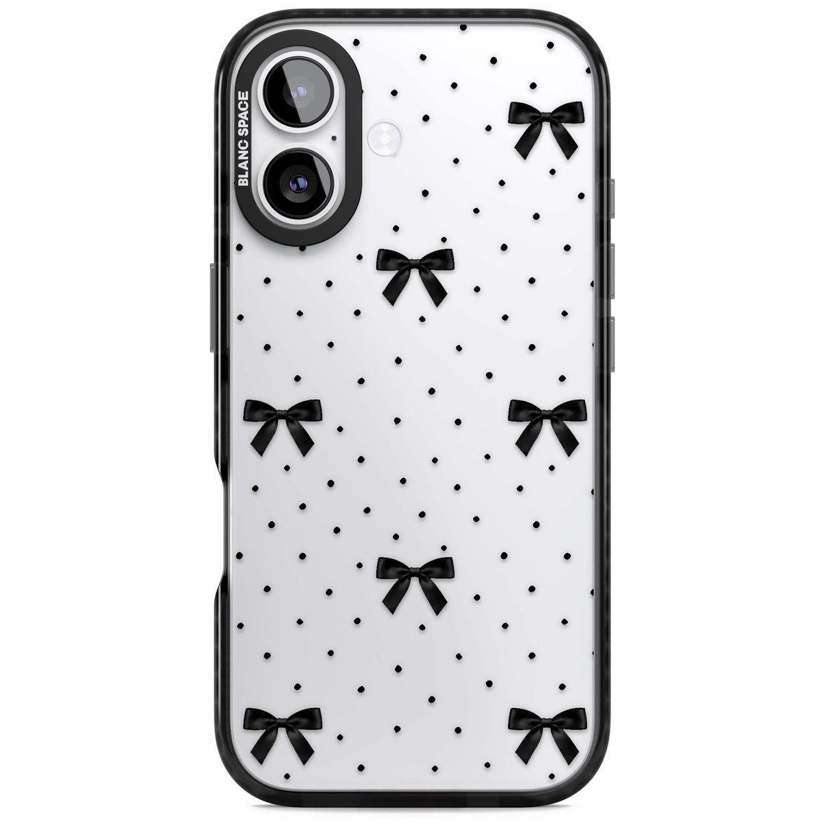 Black Polka Bows coquette iPhone case featuring scattered black satin bows and tiny polka dots on a clear base | Clear Impact case for iPhone 17