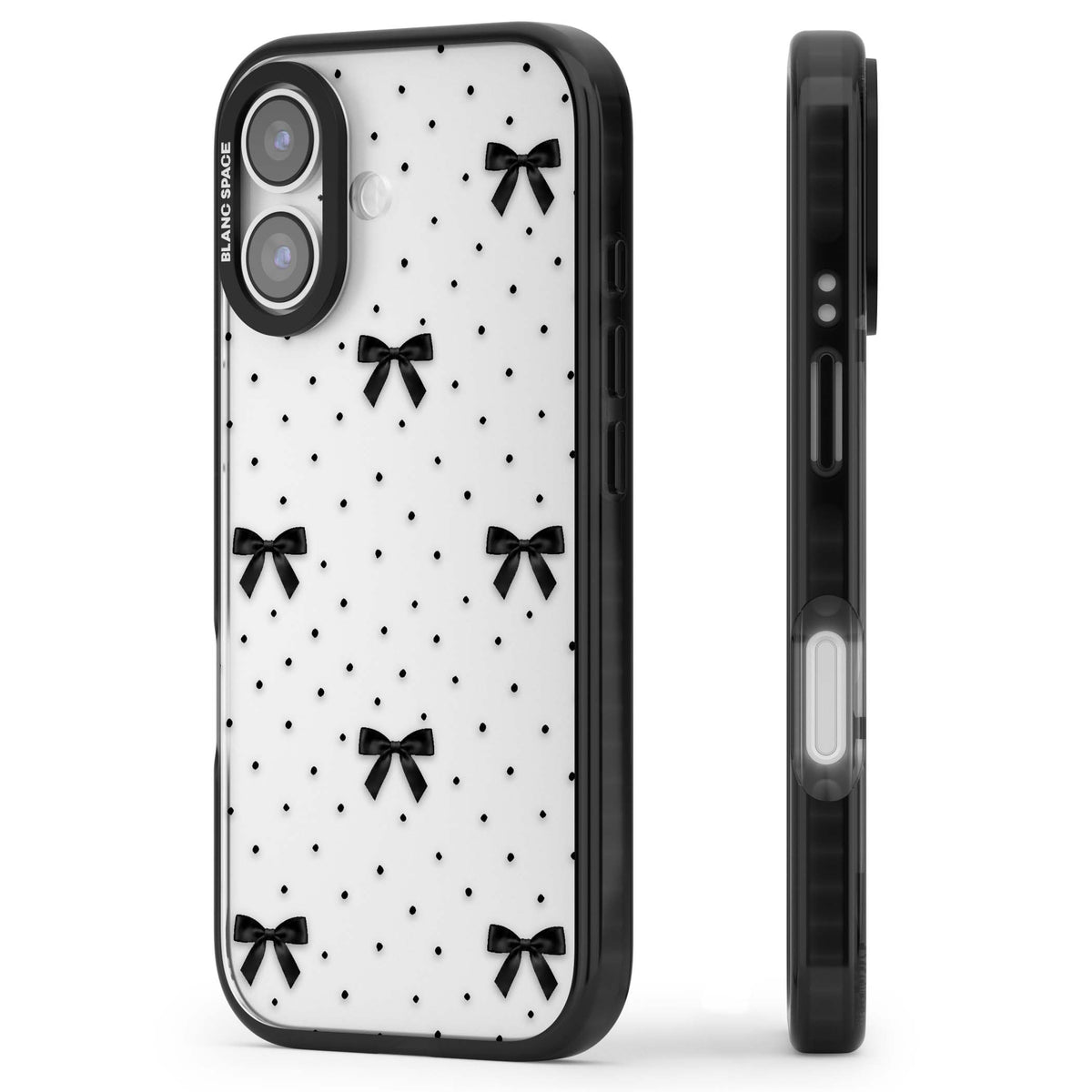Black Polka Bows coquette iPhone case featuring scattered black satin bows and tiny polka dots on a clear base | Clear Impact case for iPhone 17
