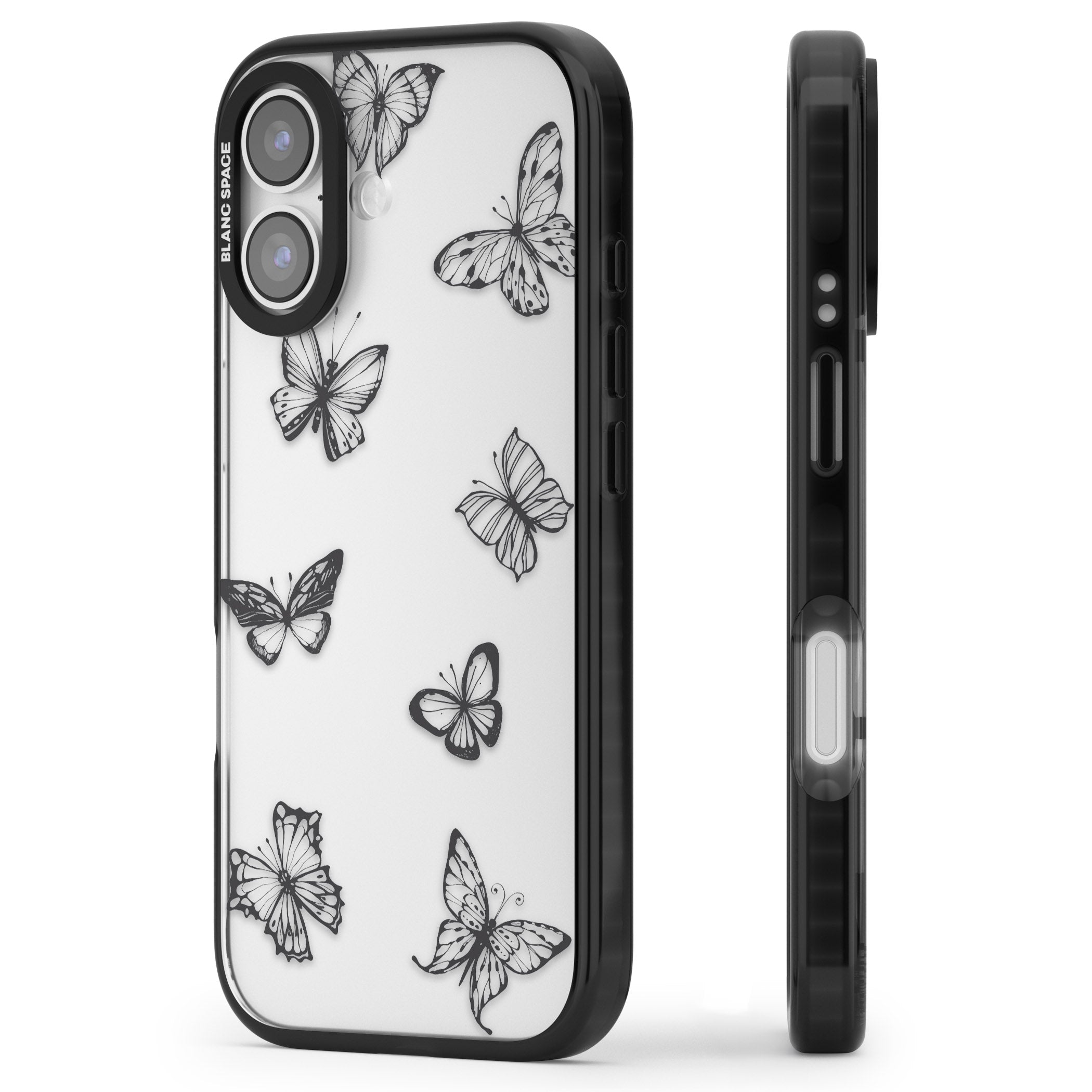 Grey Butterfly Line Pattern iPhone 17 Impact Black Phone Case Side Profile