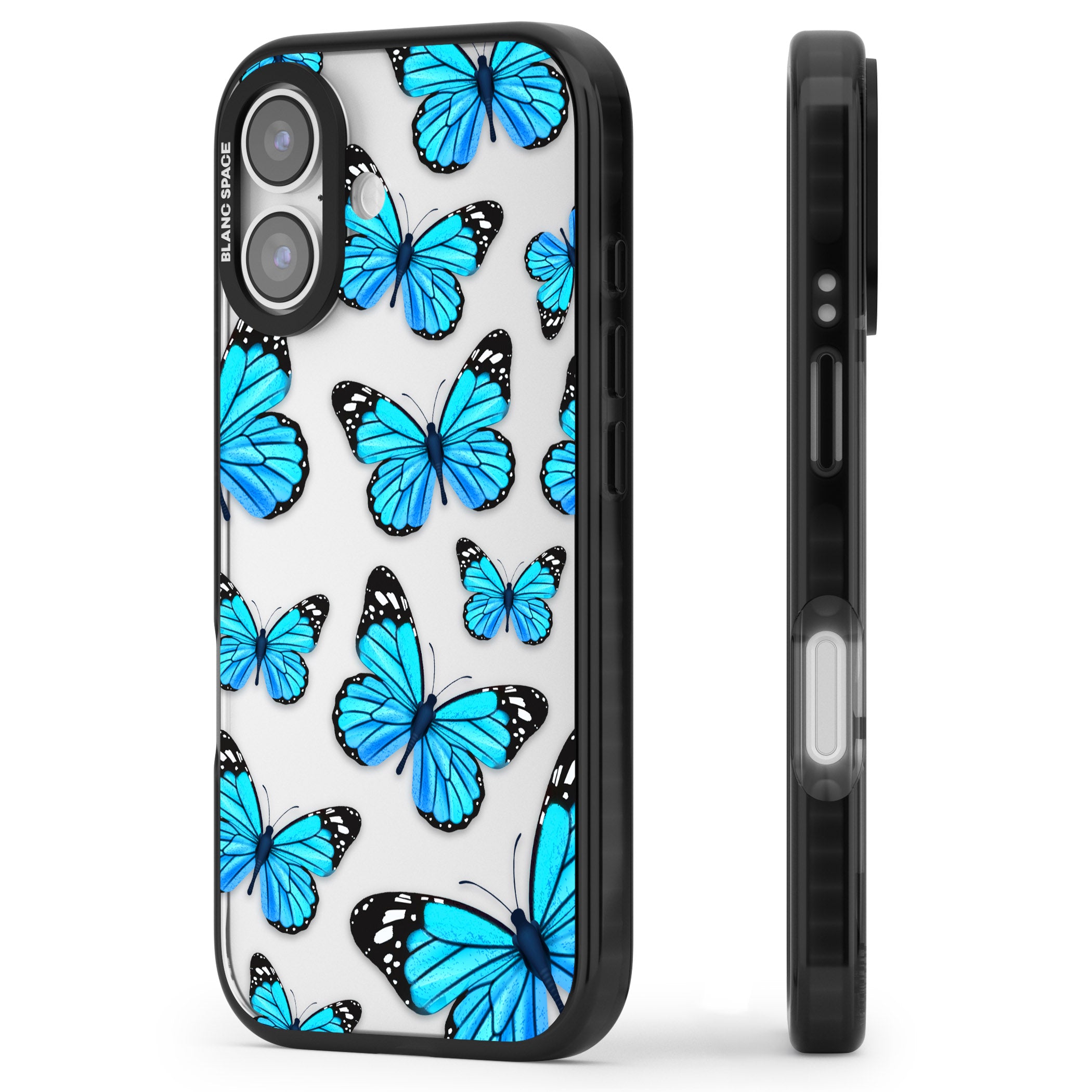 Blue Butterflies iPhone 17 Impact Black Phone Case Side Profile