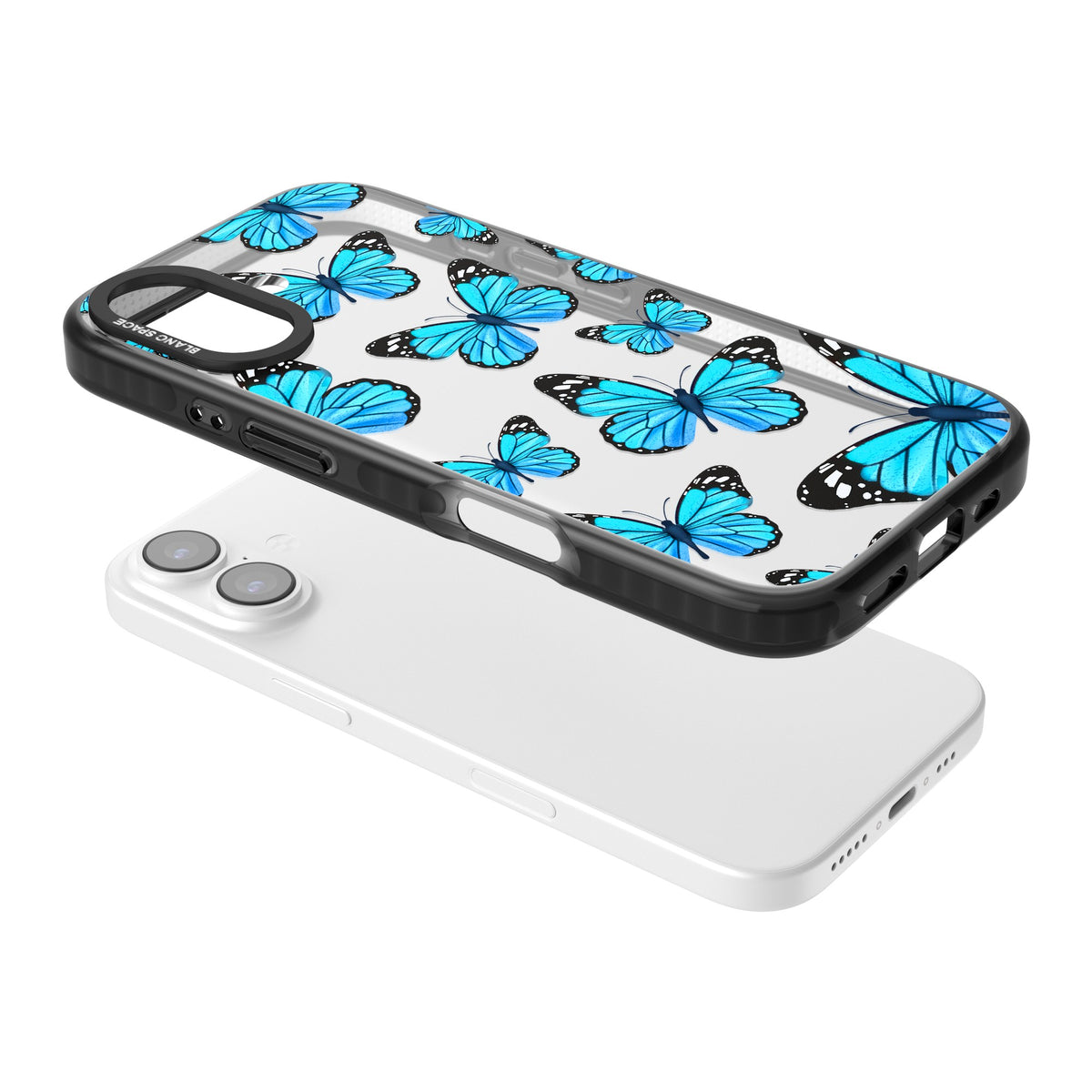 Azure Butterflies iPhone 16 / iPhone 16 Plus / iPhone 17 Impact Black Phone Case angled