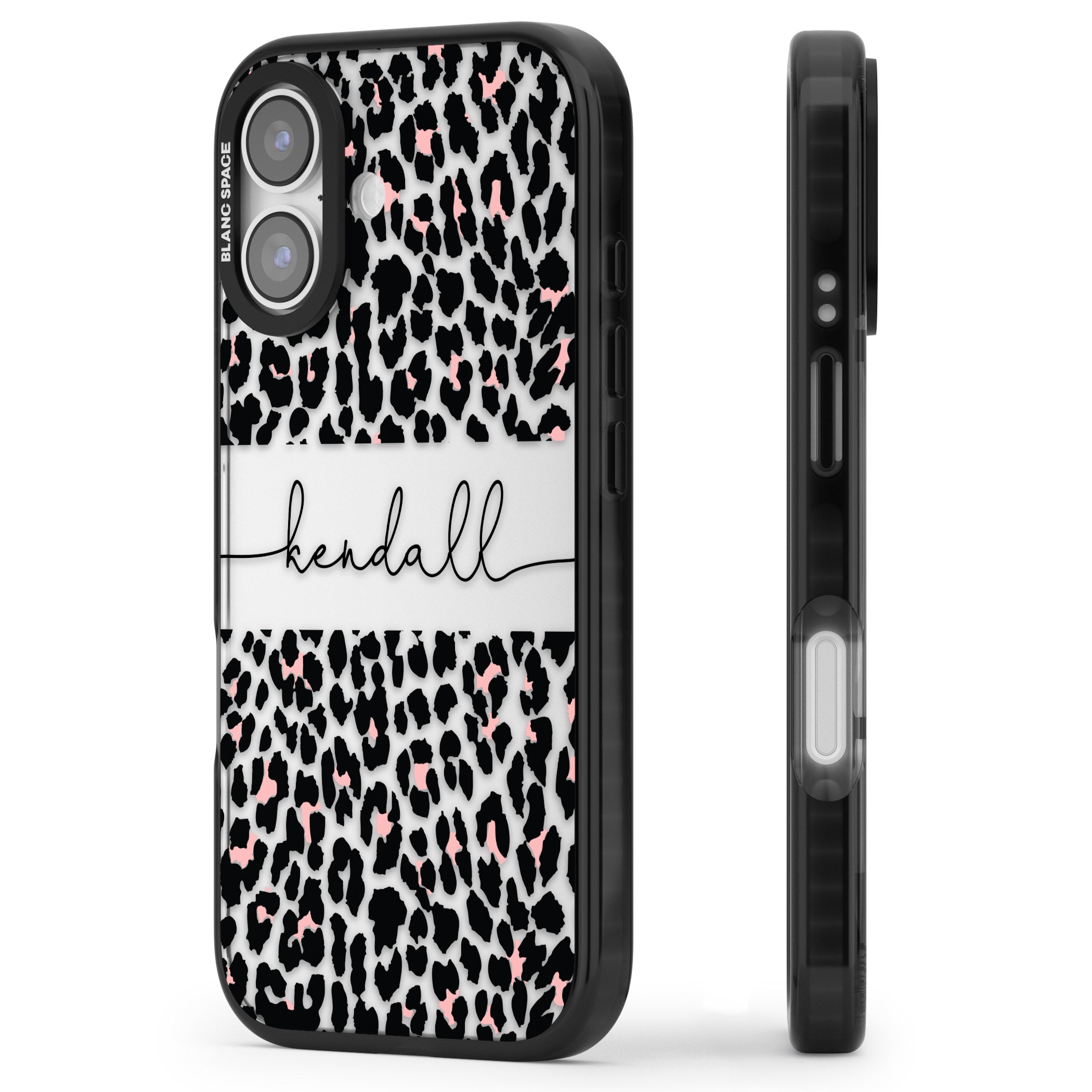 Personalised Cursive Leopard Spots iPhone 17 Impact Black Phone Case Side Profile