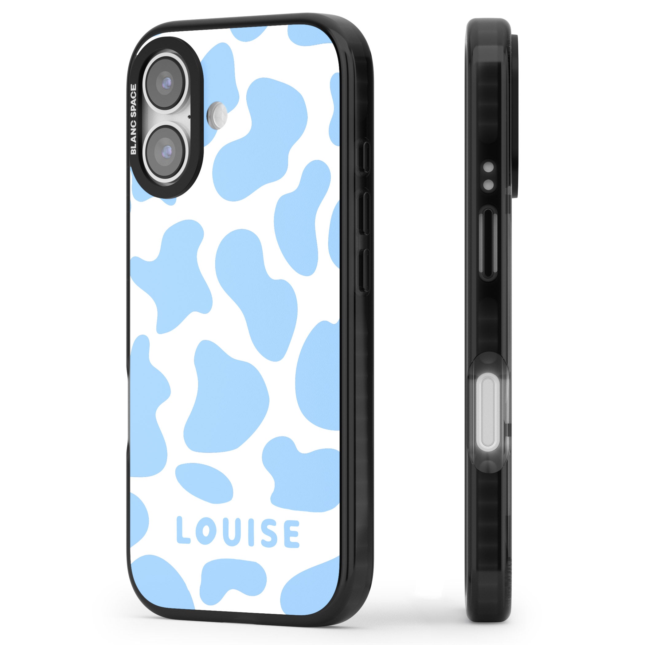 Personalised Blue And White Cow Print iPhone 17 Impact Black Phone Case Side Profile
