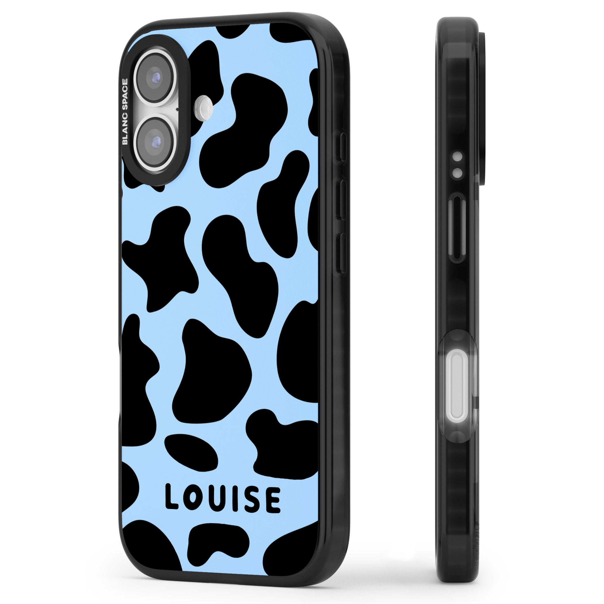 Personalised Blue And Black Cow Print iPhone 17 Impact Black Phone Case Side Profile