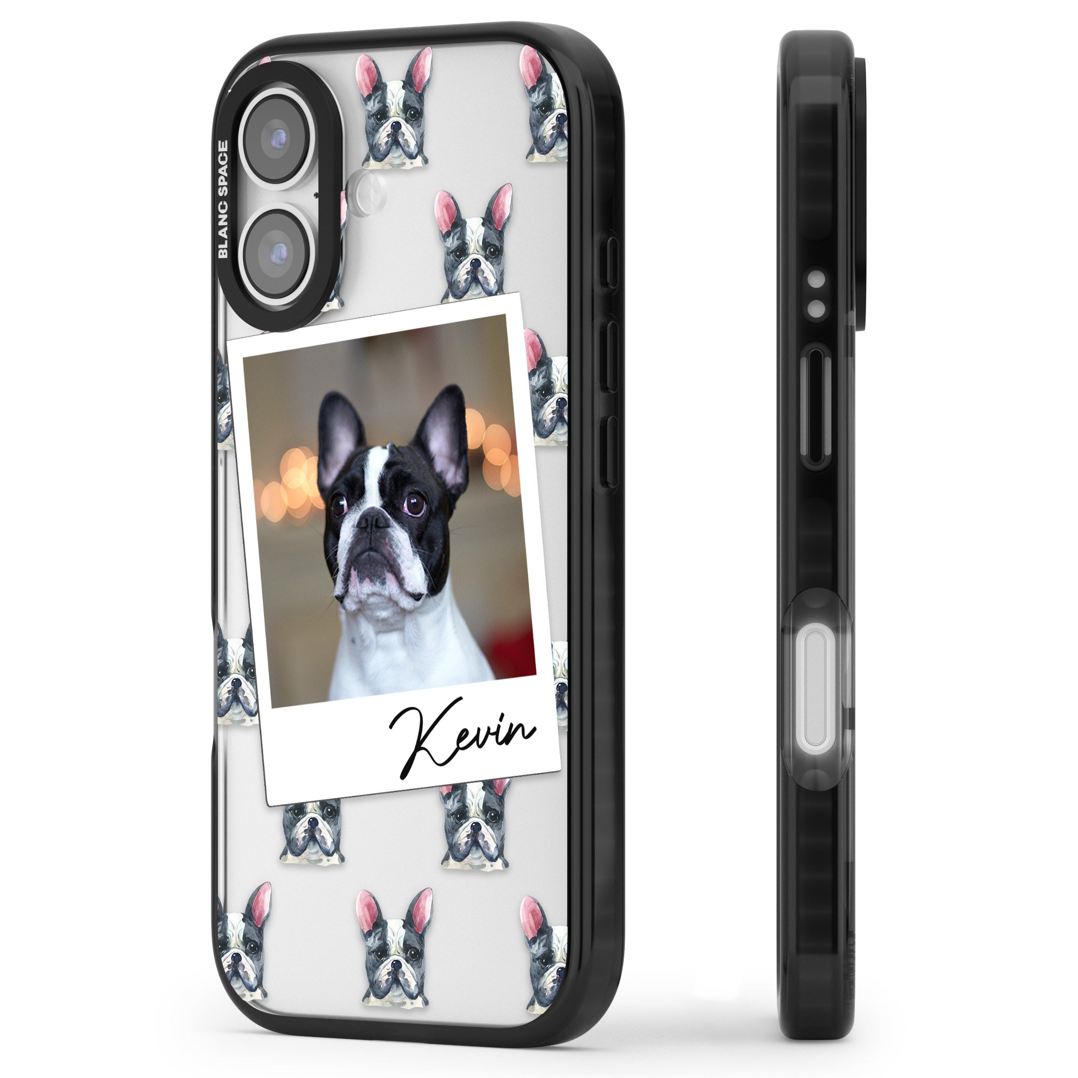 Personalised Black & White French Bulldog Instant Camera Photo iPhone 17 Impact Black Phone Case Side Profile