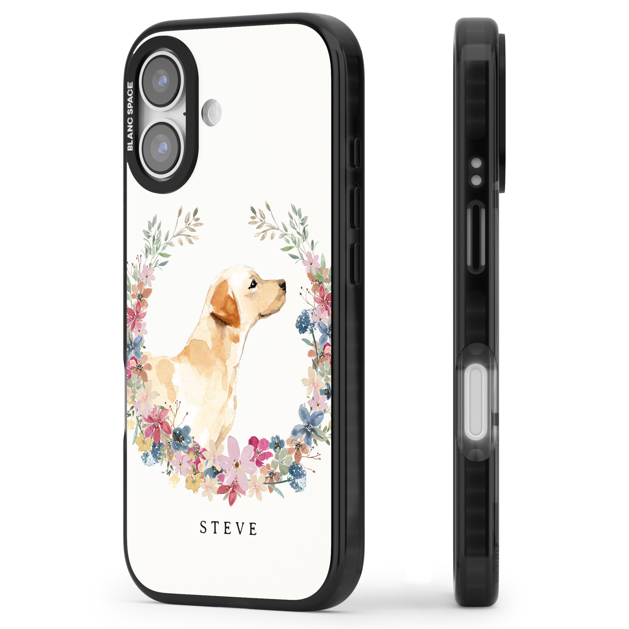 Personalised Yellow Labrador Floral Portrait iPhone 17 Impact Black Phone Case Side Profile