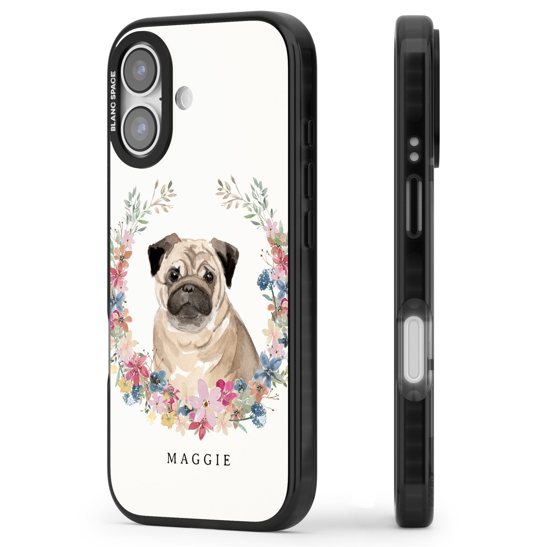 Personalised Pug Floral Portrait iPhone 17 Impact Black Phone Case Side Profile