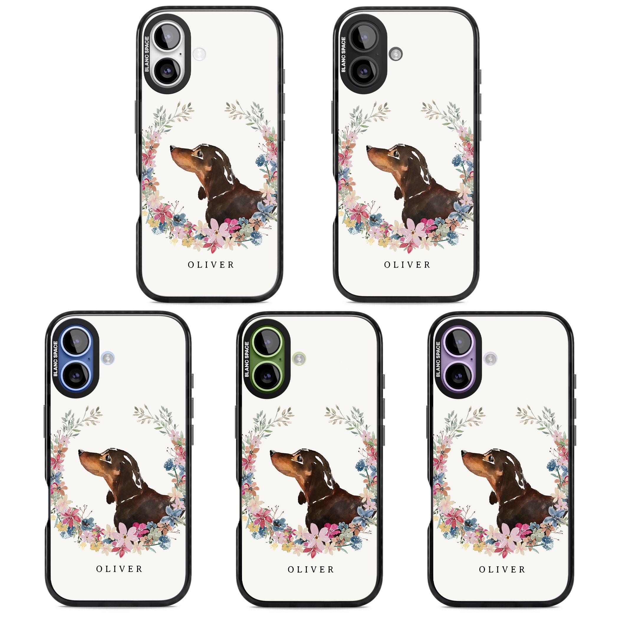 Personalised Black & Tan Dachshund Floral Portrait iPhone 17 Impact Black Phone Case APT Impact Protection