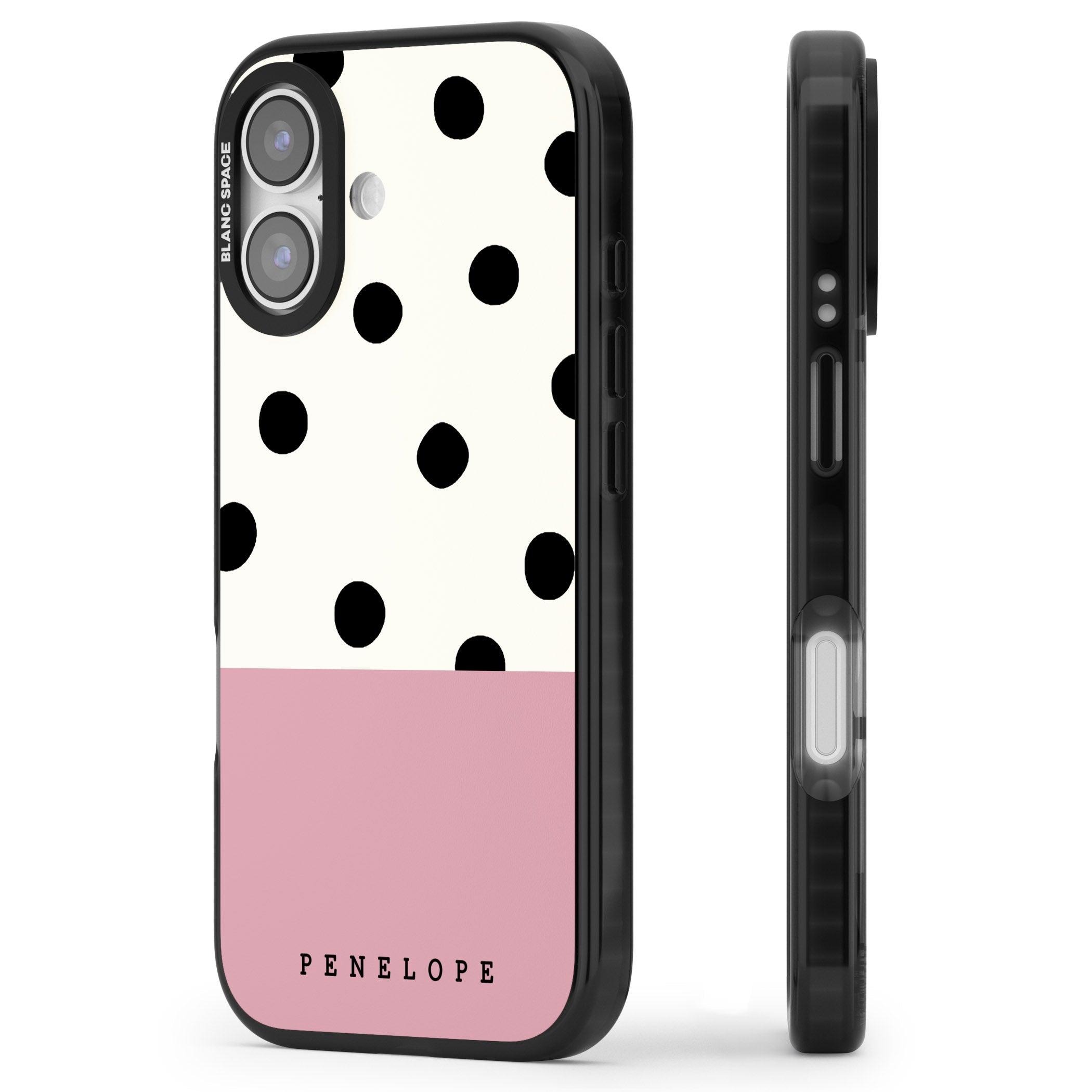 Personalised Pink Border Polka Dot iPhone 17 Impact Black Phone Case Side Profile