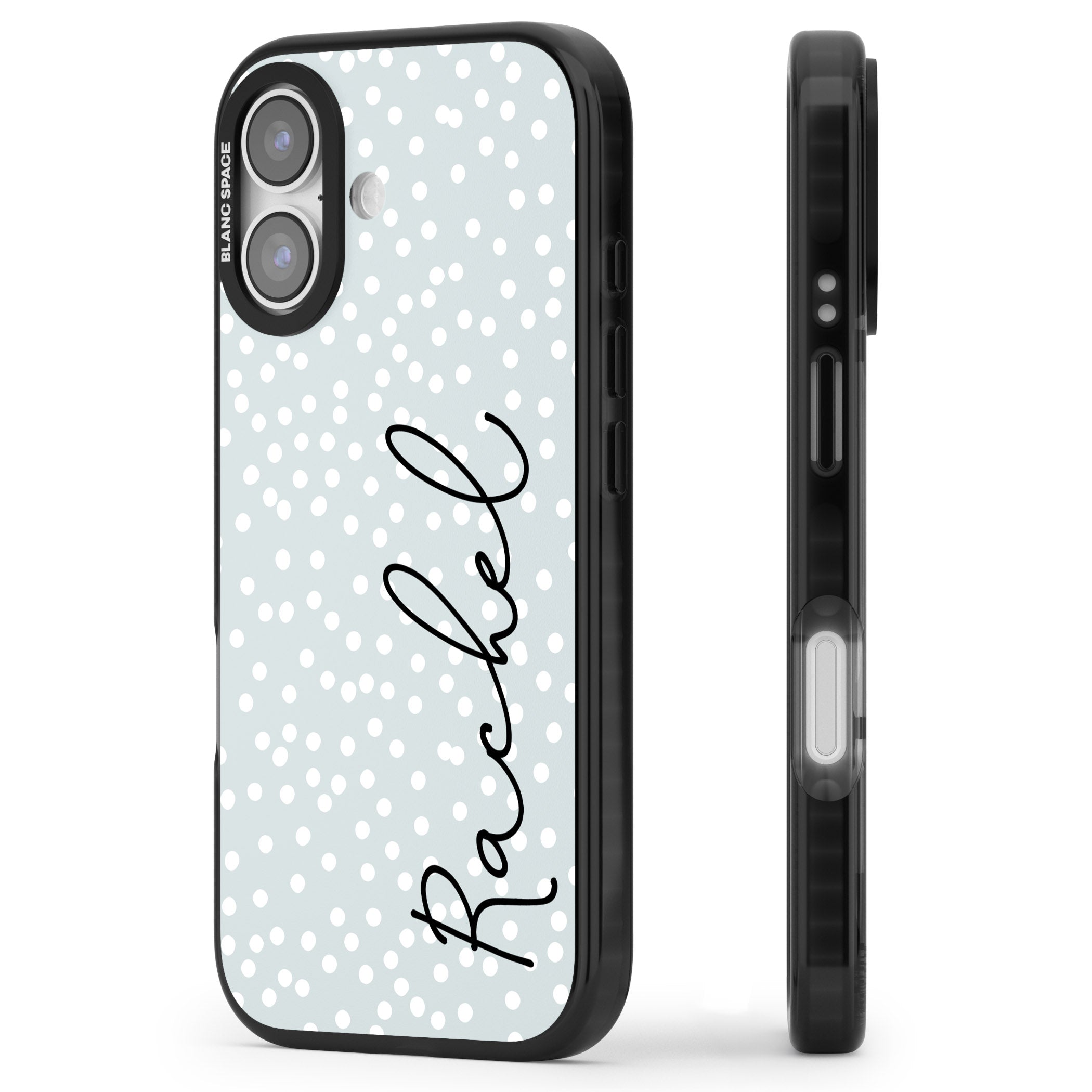 Personalised Vertical Cursive & Dots iPhone 17 Impact Black Phone Case Side Profile