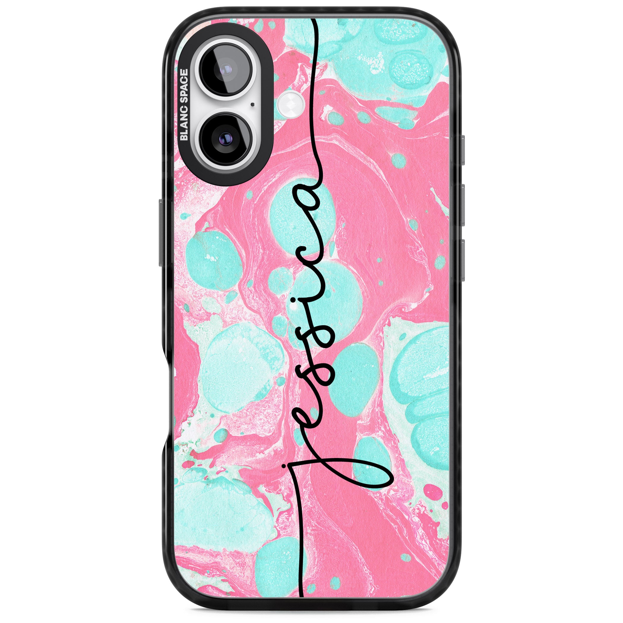 Personalised Turquoise & Pink Marbled iPhone 17 Impact Black Phone Case