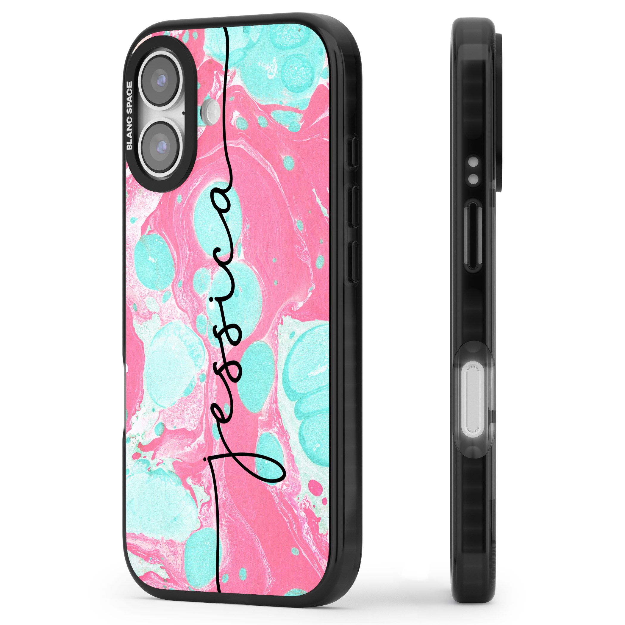 Personalised Turquoise & Pink Marbled iPhone 17 Impact Black Phone Case Side Profile