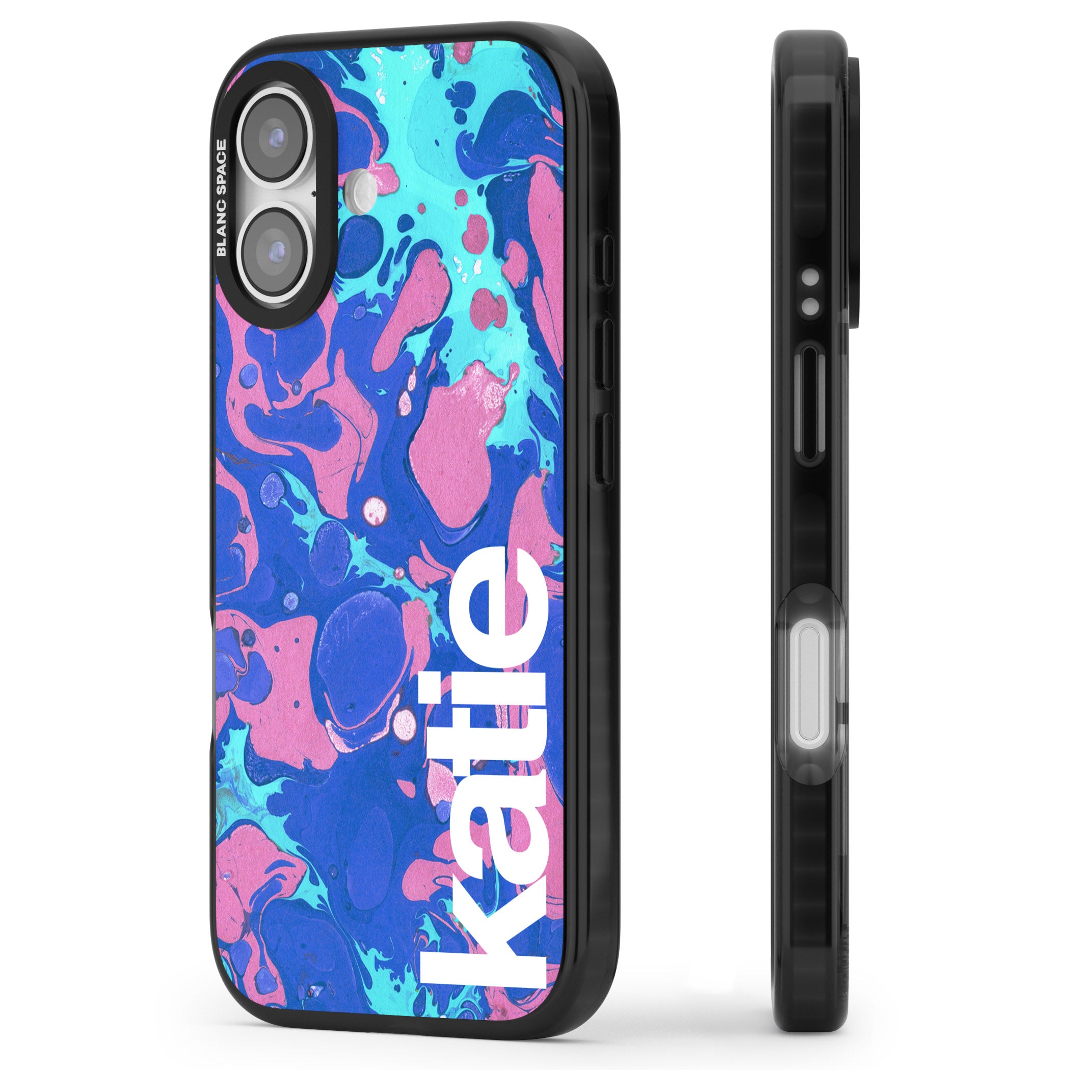 Personalised Navy & Turquoise Marbled iPhone 17 Impact Black Phone Case Side Profile