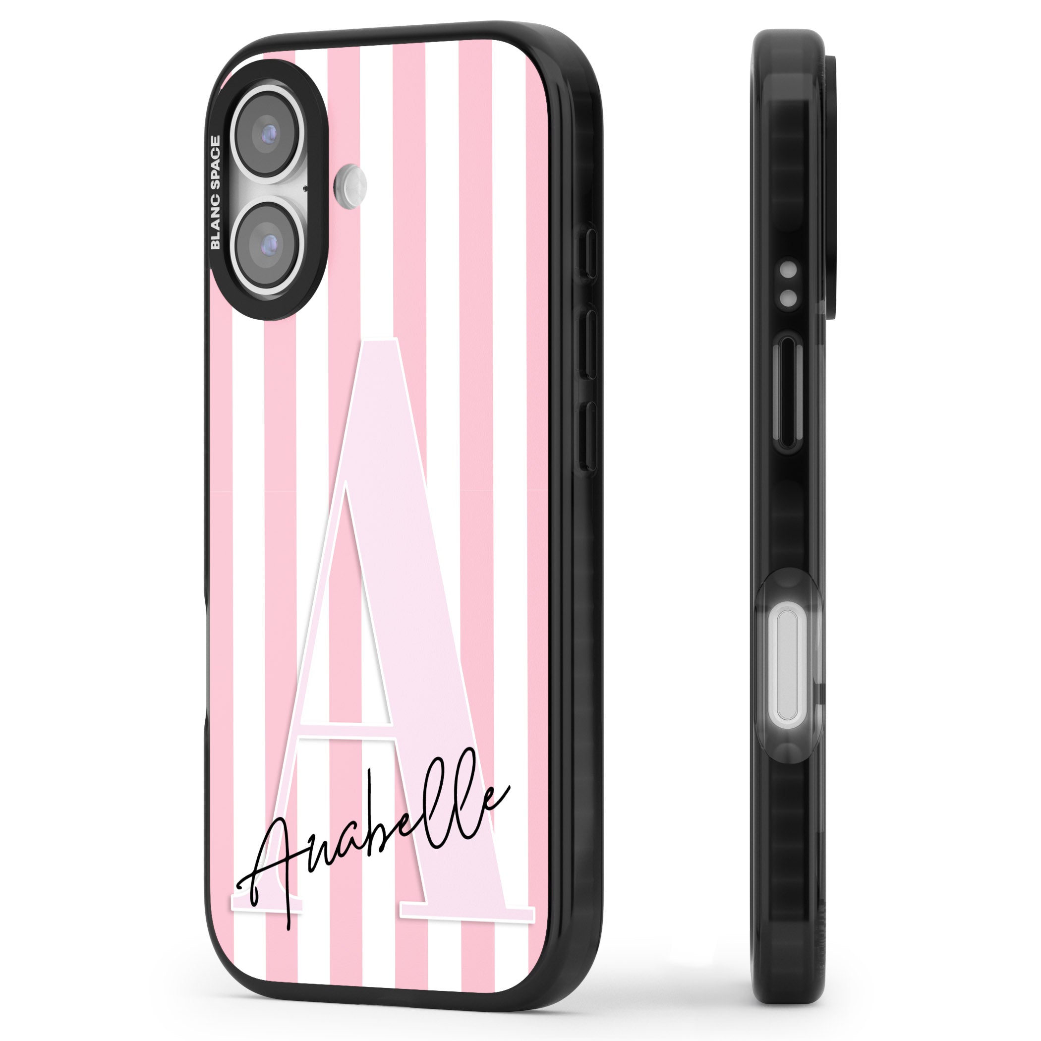 Personalised Pink Stripes & Monogram iPhone 17 Impact Black Phone Case Side Profile
