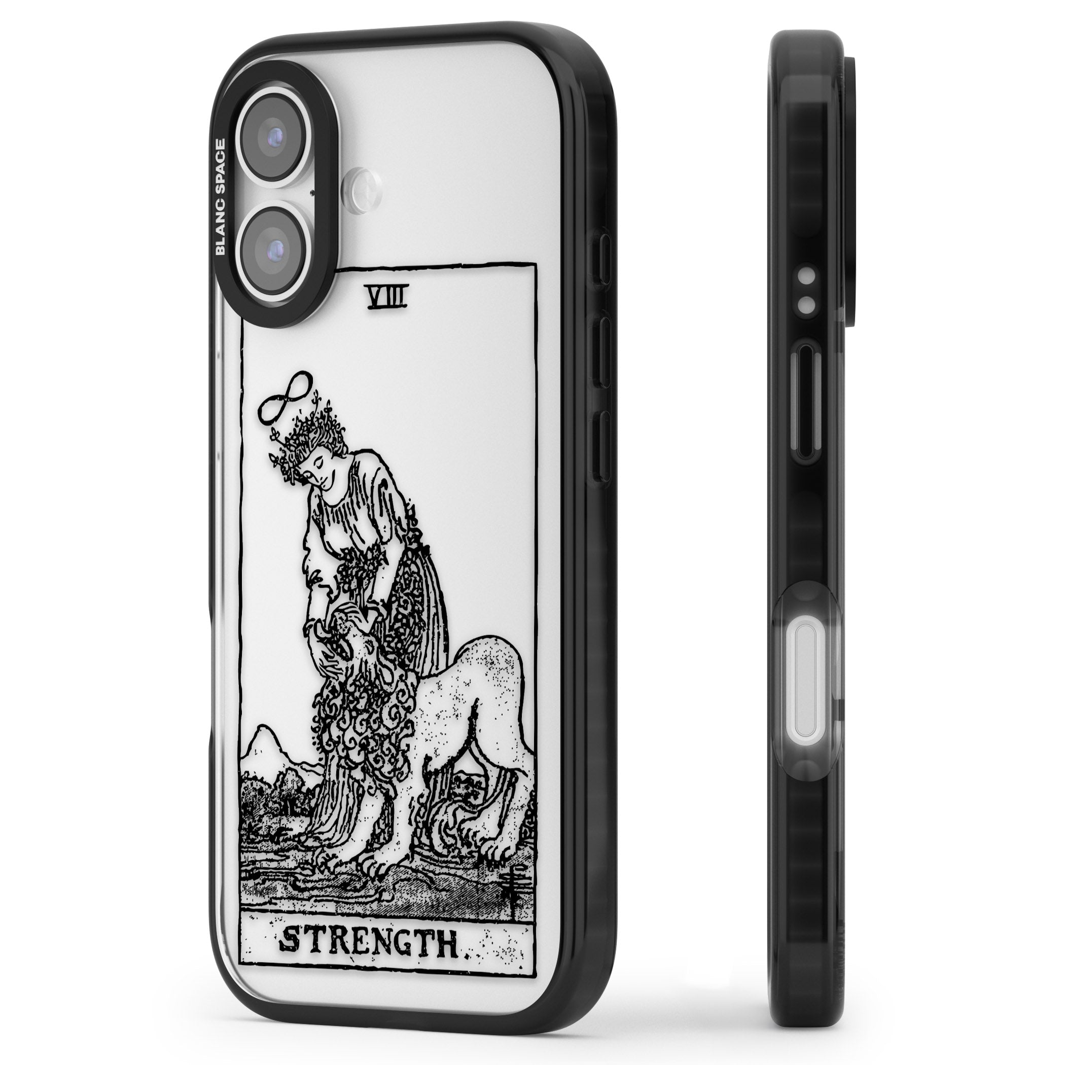 Personalised Strength Tarot Card (Clear) iPhone 17 Impact Black Phone Case Side Profile