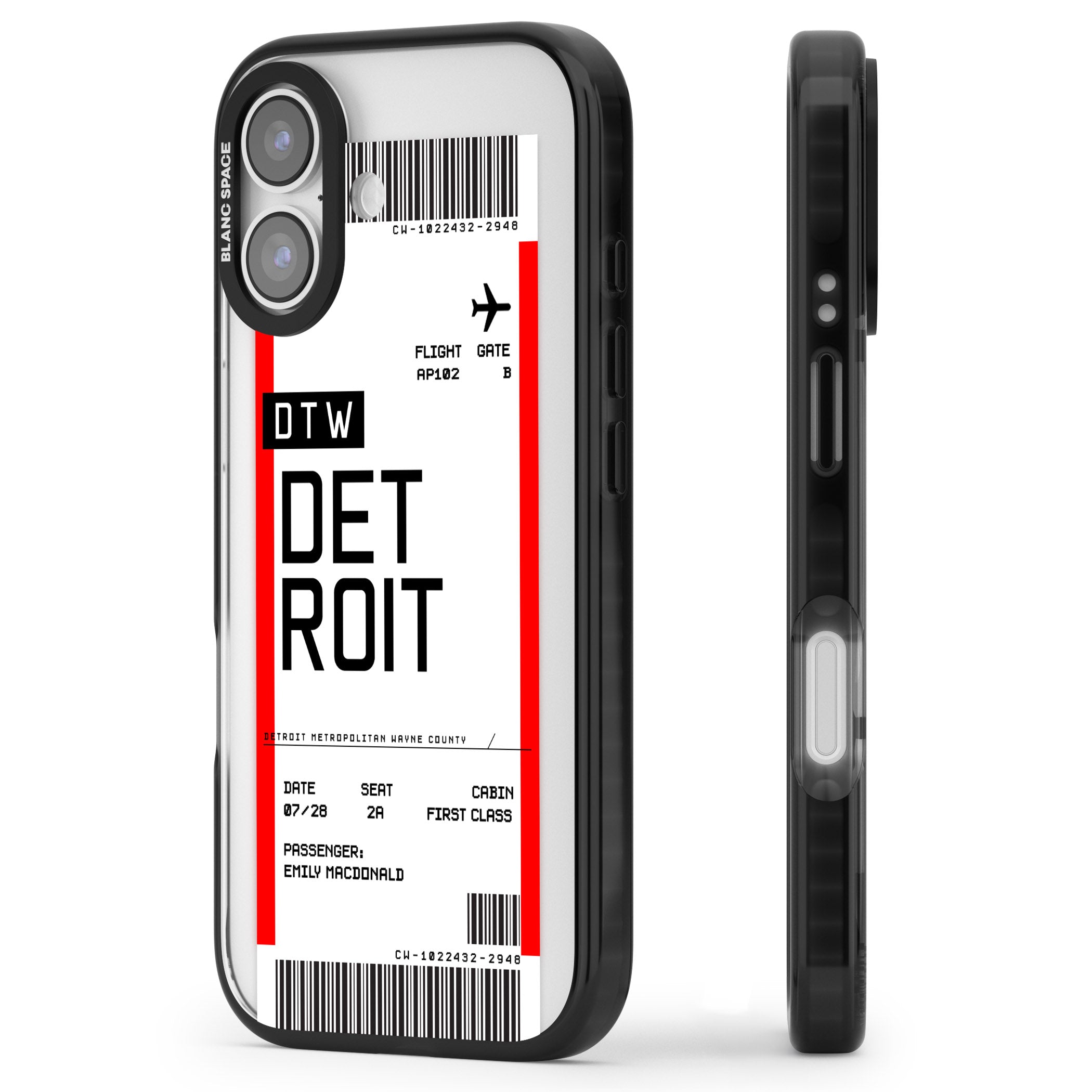 Personalised Detroit Boarding Pass iPhone 17 Impact Black Phone Case Side Profile