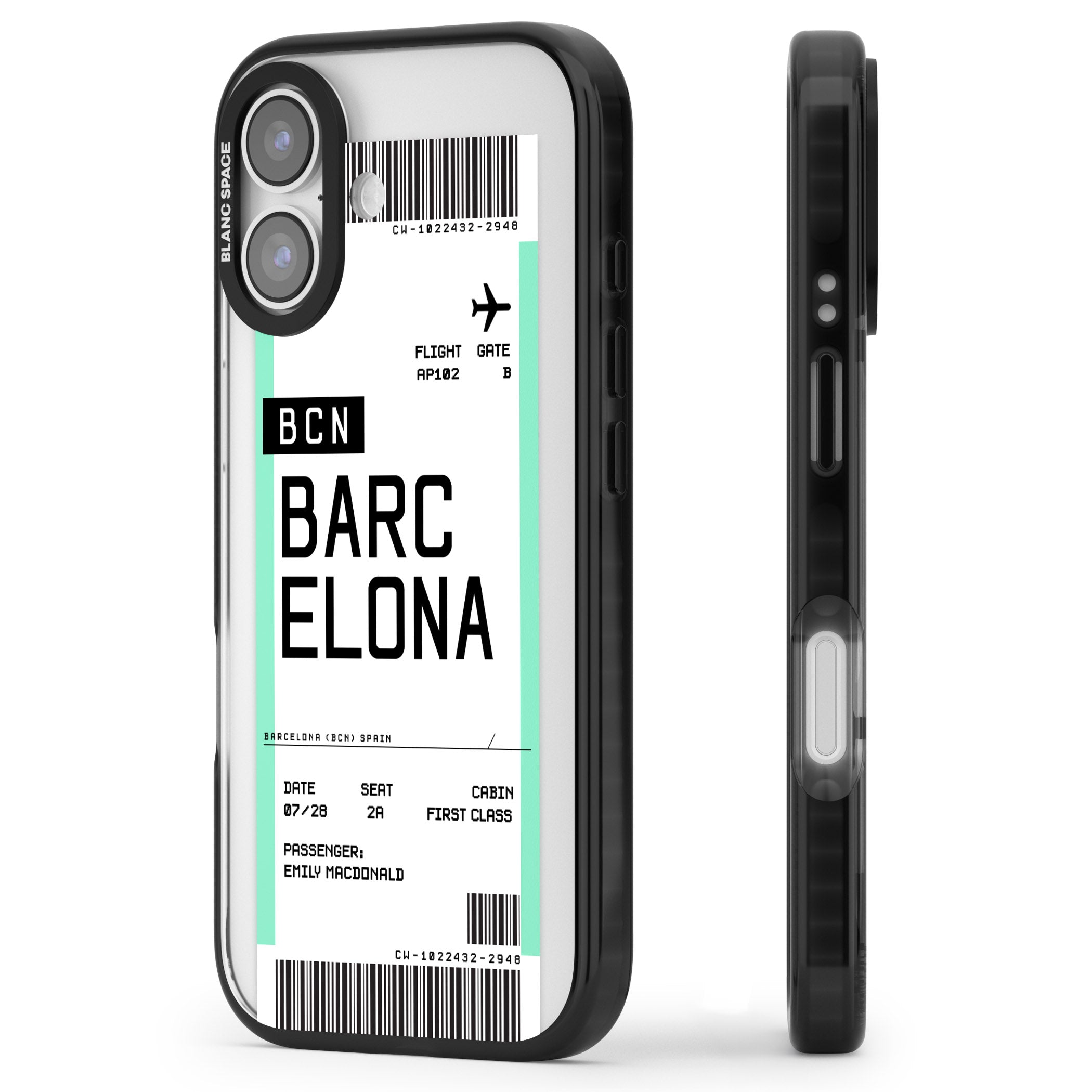 Personalised Barcelona Boarding Pass iPhone 17 Impact Black Phone Case Side Profile