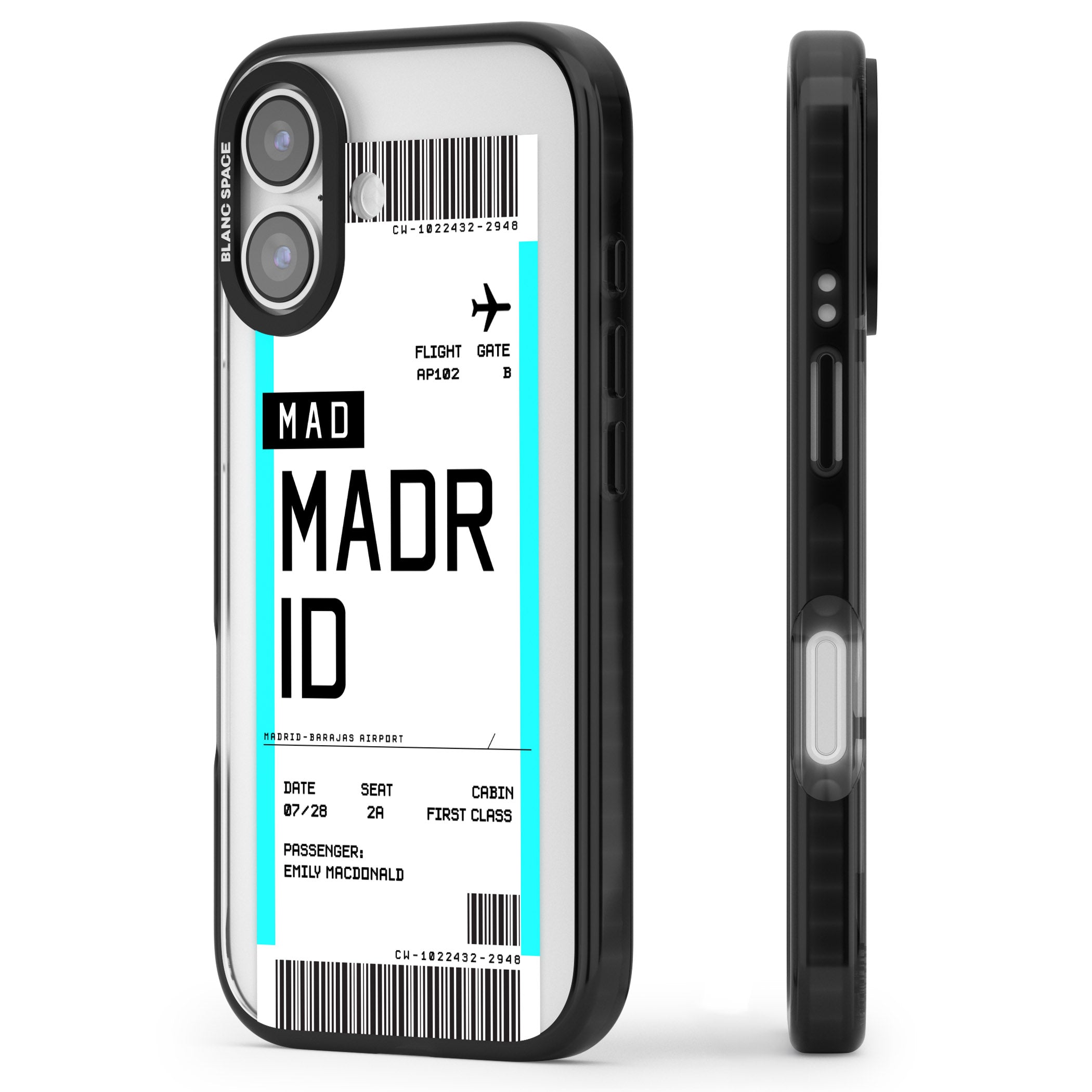 Personalised Madrid Boarding Pass iPhone 17 Impact Black Phone Case Side Profile