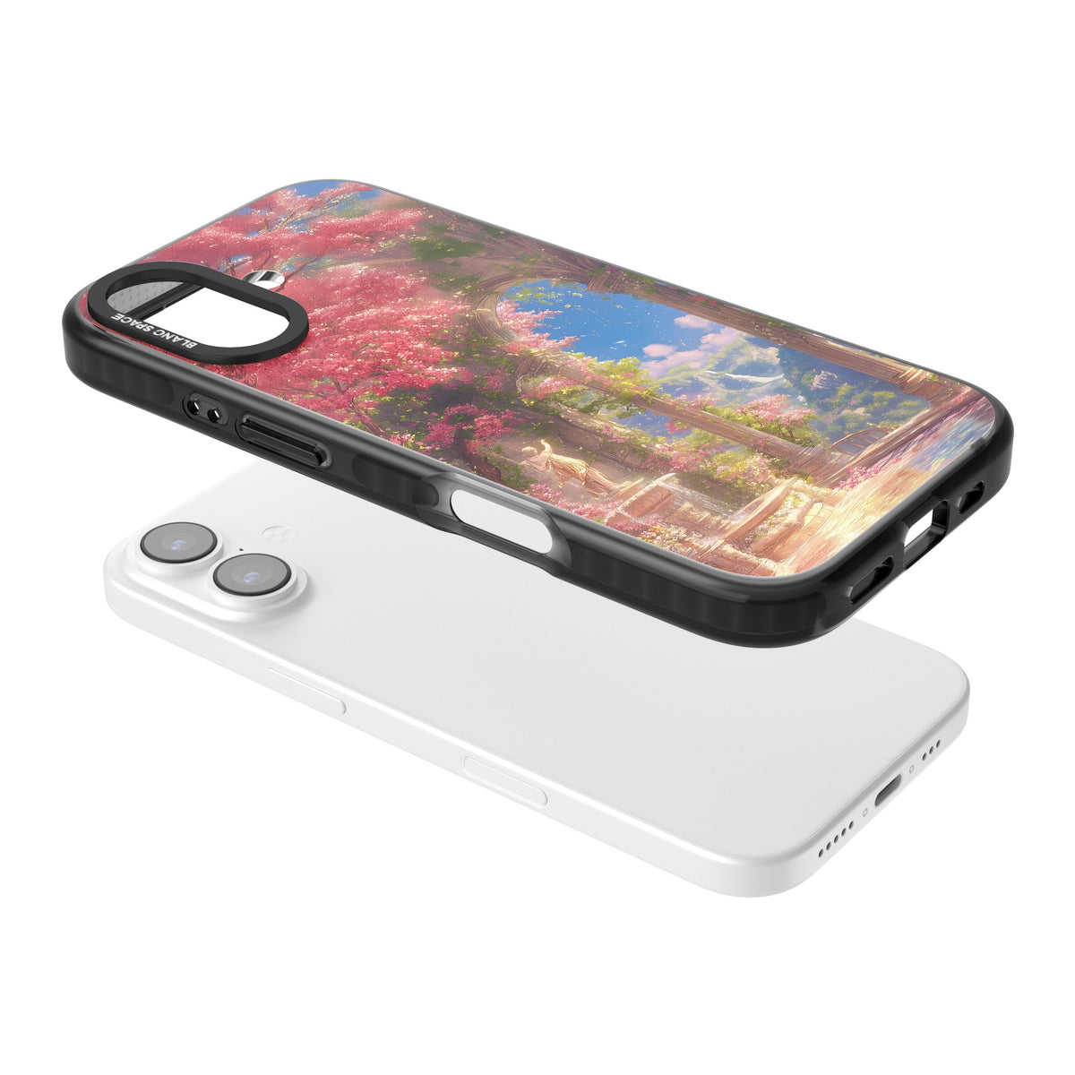Castle Blossom iPhone 16 / iPhone 16 Plus / iPhone 17 Impact Black Phone Case angled