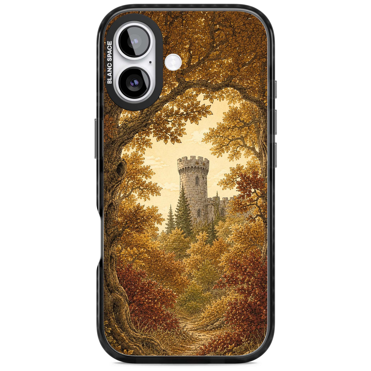 Autumn Keep cottagecore iPhone case featuring a medieval castle tower framed by golden autumn trees and woodland foliage | Clear Impact case for iPhone 17