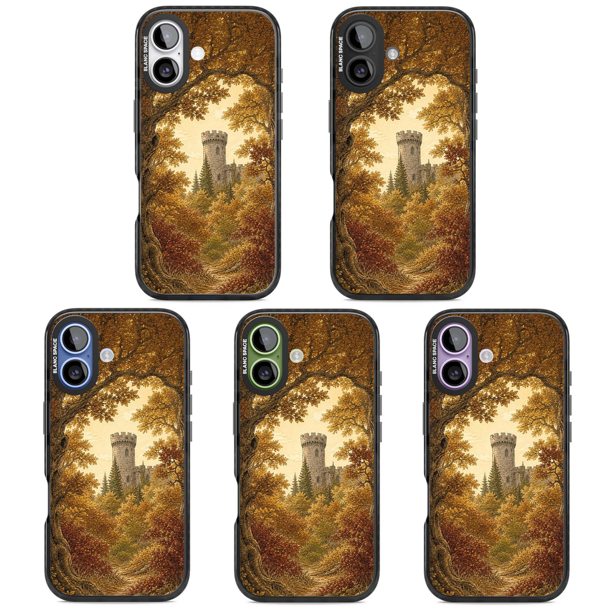 Autumn Keep cottagecore iPhone case featuring a medieval castle tower framed by golden autumn trees and woodland foliage | Clear Impact case for iPhone 17