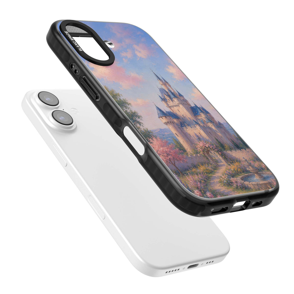 Enchanted Kingdom fairytale iPhone case featuring a romantic castle painting with cherry blossoms and pastel pink sky | Clear Impact case for iPhone 17