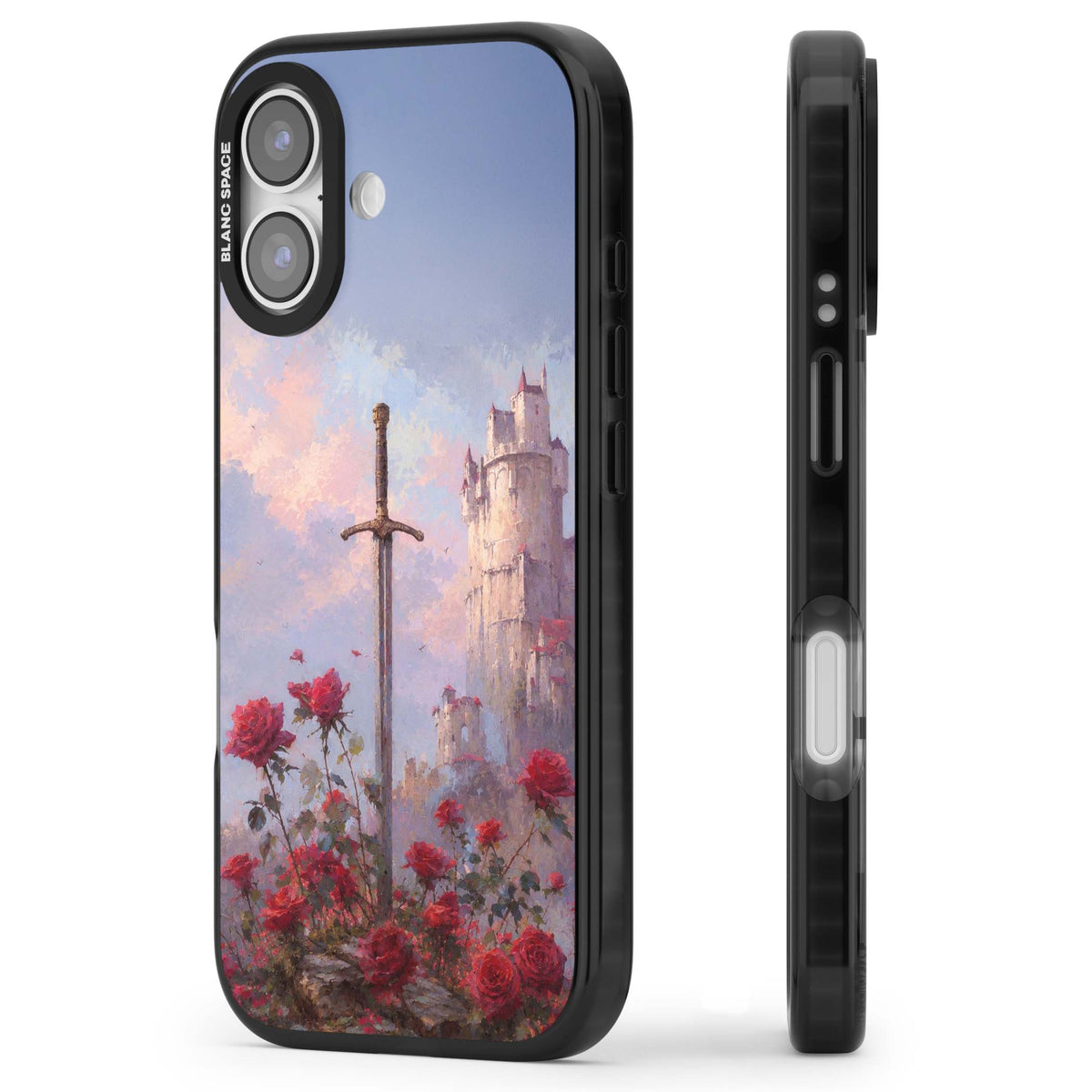 Sword in Roses medieval art iPhone case featuring a sword, red roses, and a misty fairytale castle at sunset | Clear Impact case for iPhone 17