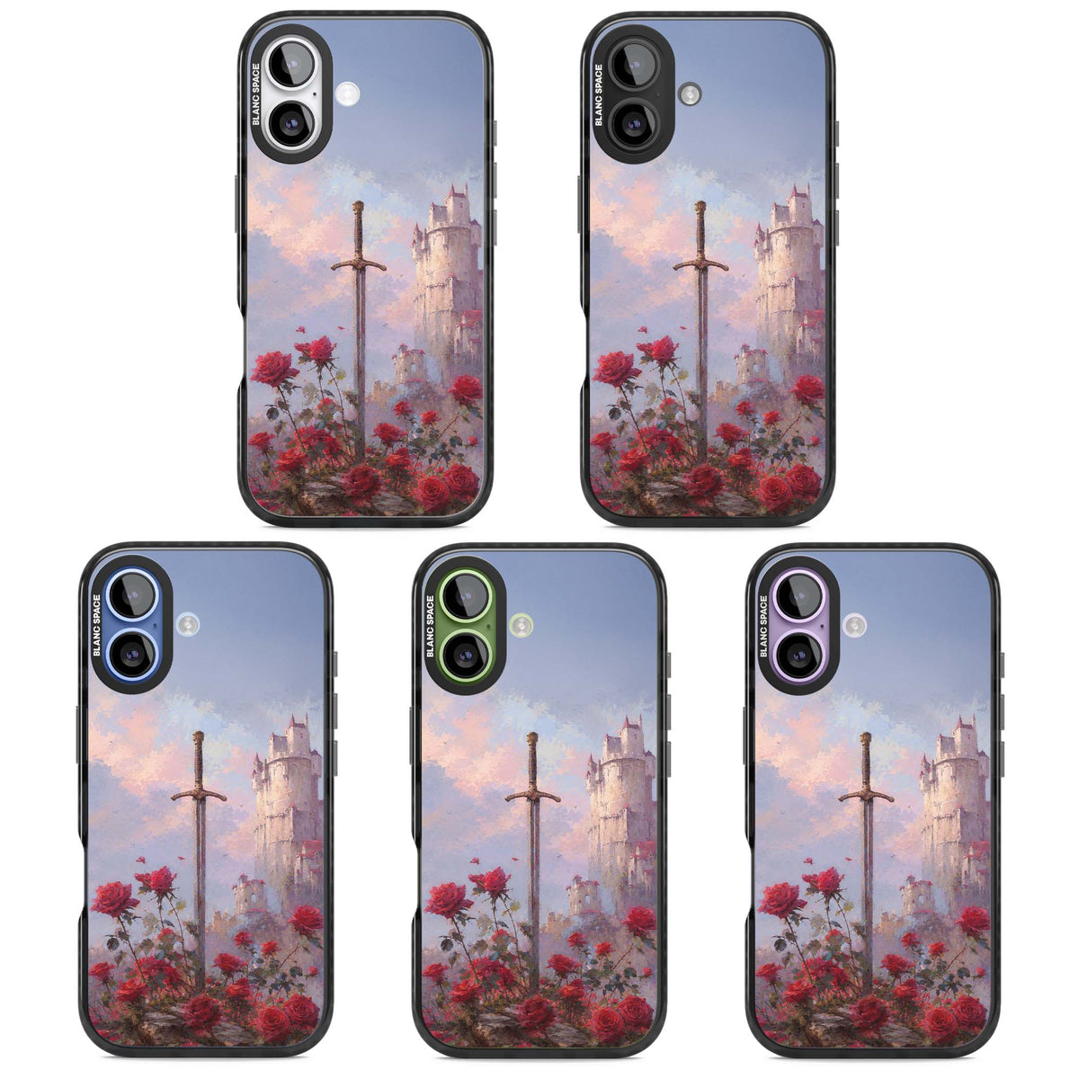 Sword in Roses medieval art iPhone case featuring a sword, red roses, and a misty fairytale castle at sunset | Clear Impact case for iPhone 17