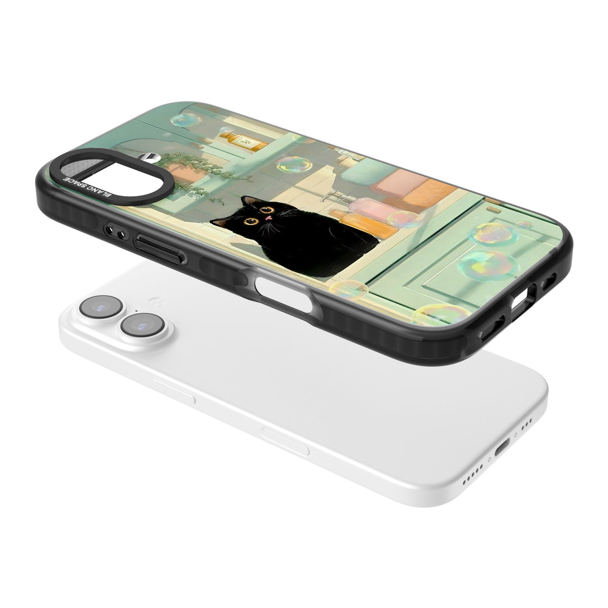 Bathroom Bubble Kitty iPhone 16 / iPhone 16 Plus / iPhone 17 Impact Black Phone Case angled