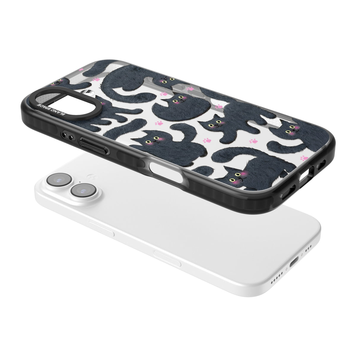 Midnight Cats iPhone 16 / iPhone 16 Plus / iPhone 17 Impact Black Phone Case angled