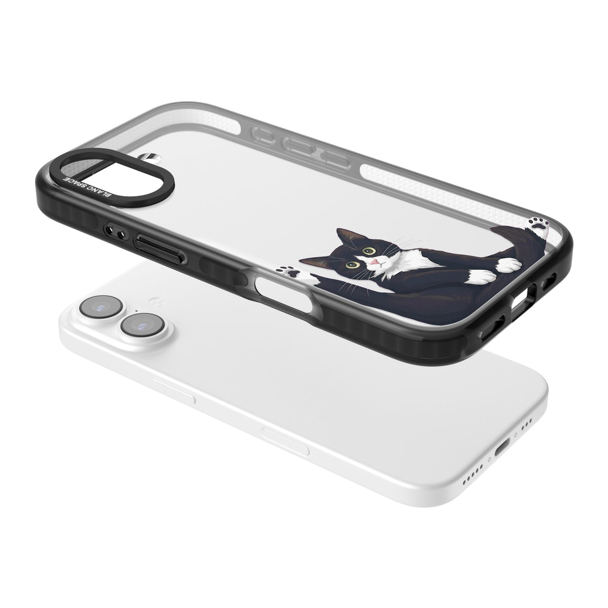 Mid-Groom Cat iPhone 16 / iPhone 16 Plus / iPhone 17 Impact Black Phone Case angled