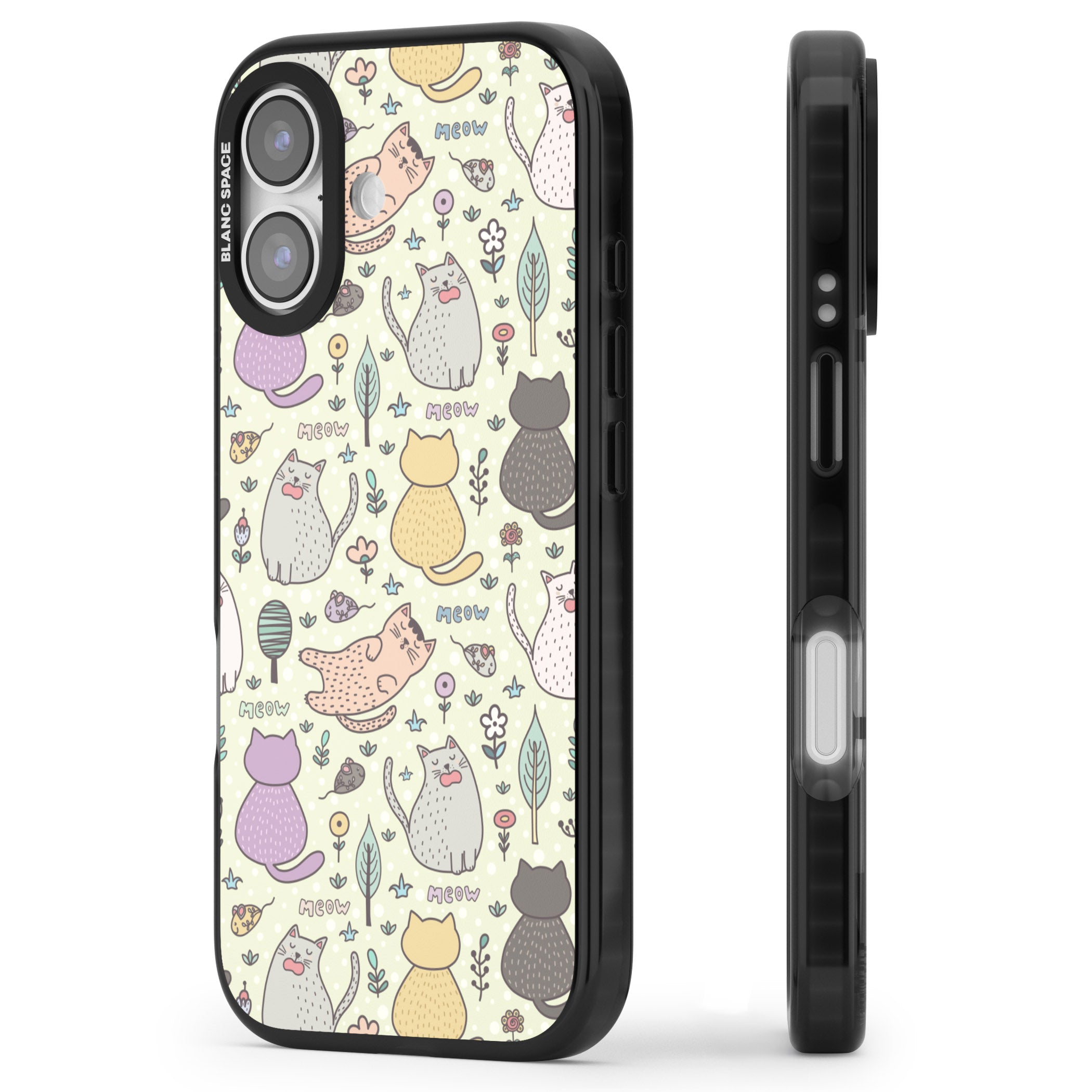 Cat Pattern Cream iPhone 17 Impact Black Phone Case Side Profile