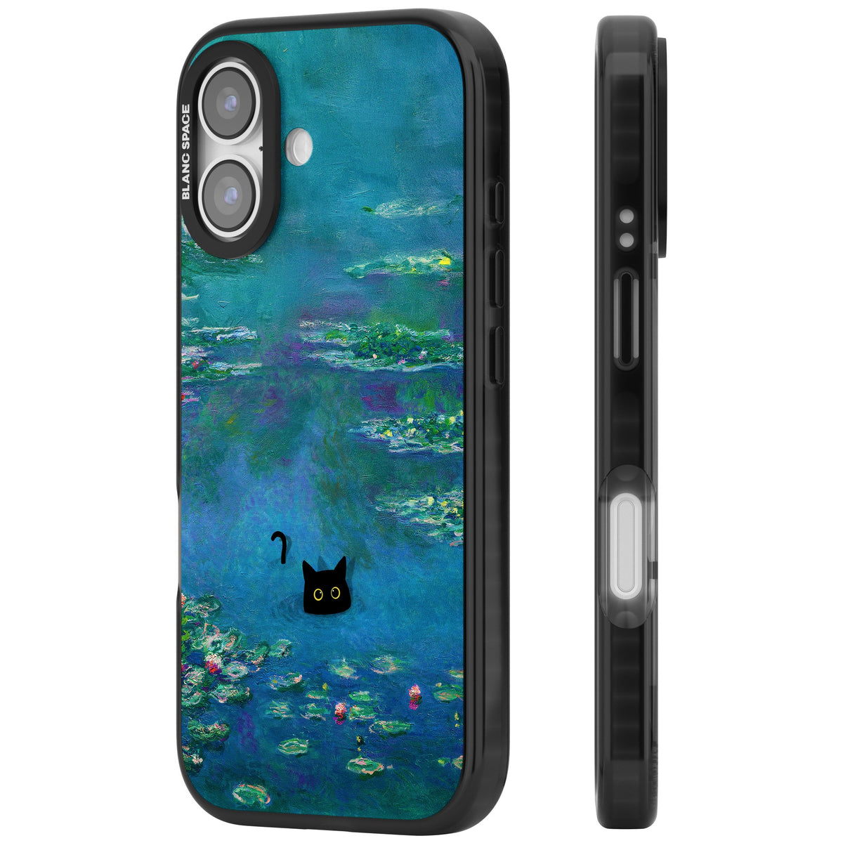 Cat in Monet's Water Lillies iPhone 16 / iPhone 16 Plus / iPhone 17 Impact Black Phone Case side