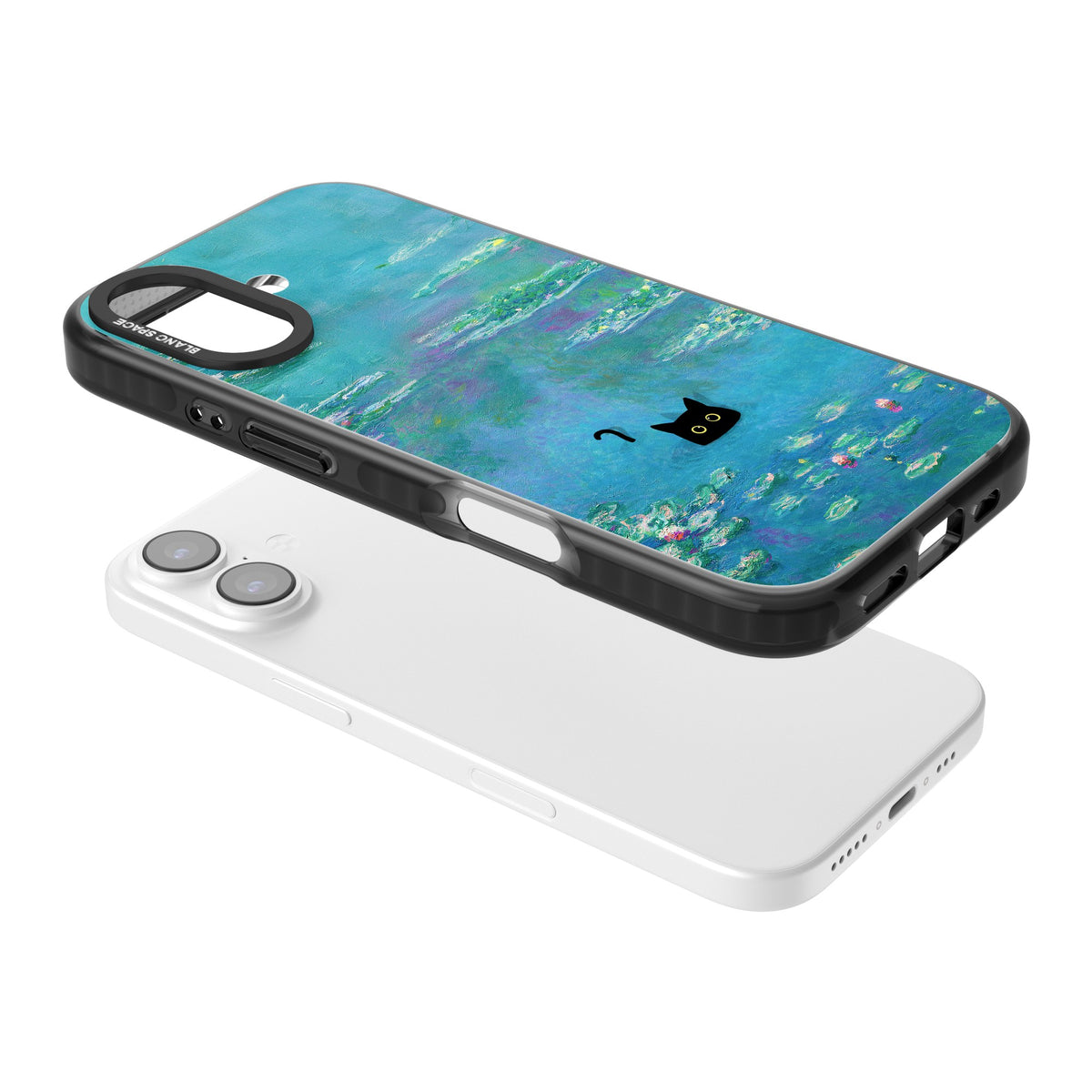 Cat in Monet's Water Lillies iPhone 16 / iPhone 16 Plus / iPhone 17 Impact Black Phone Case angled