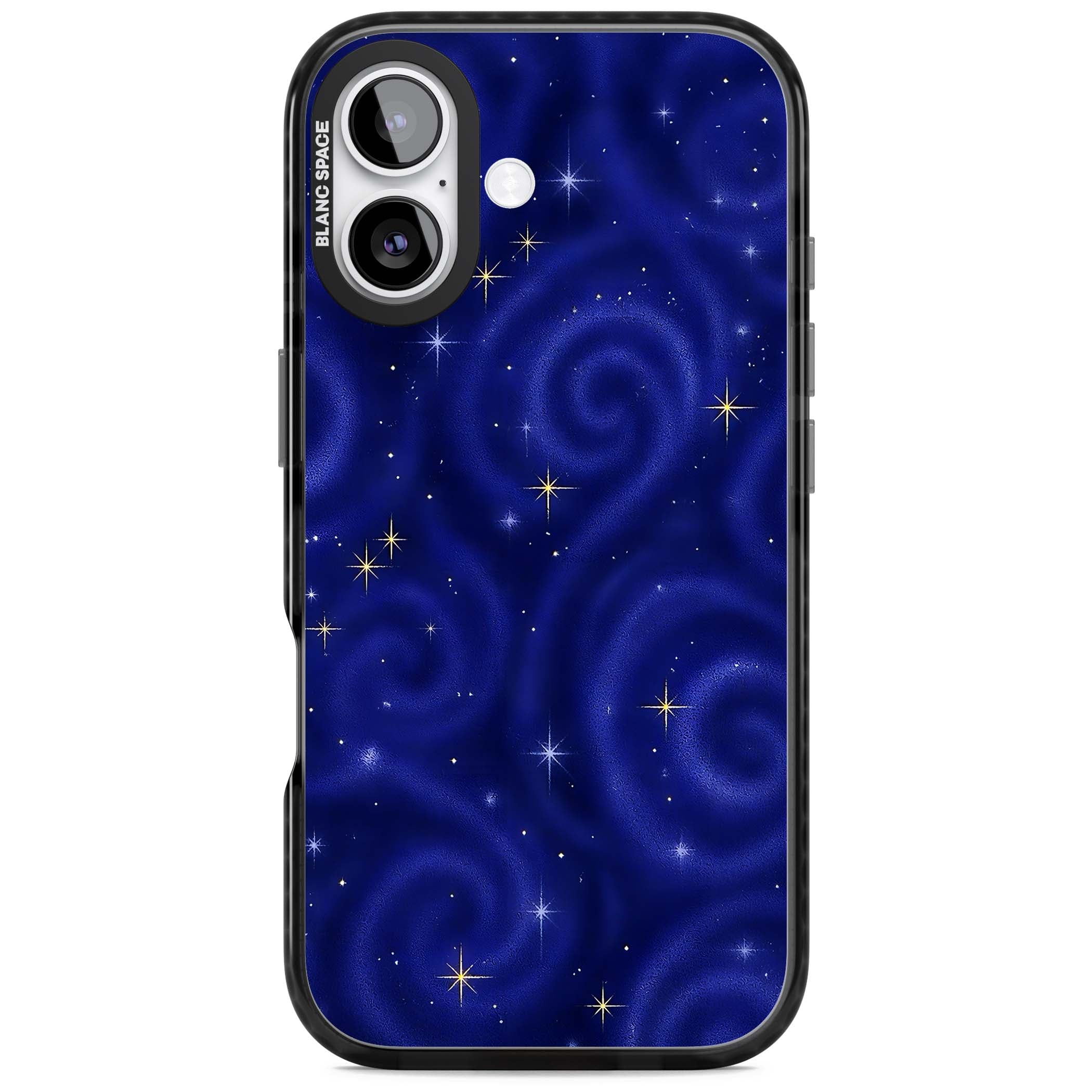 Indigo Cosmos celestial iPhone case featuring swirling navy night sky and sparkling golden stars | Clear Impact case for iPhone 17