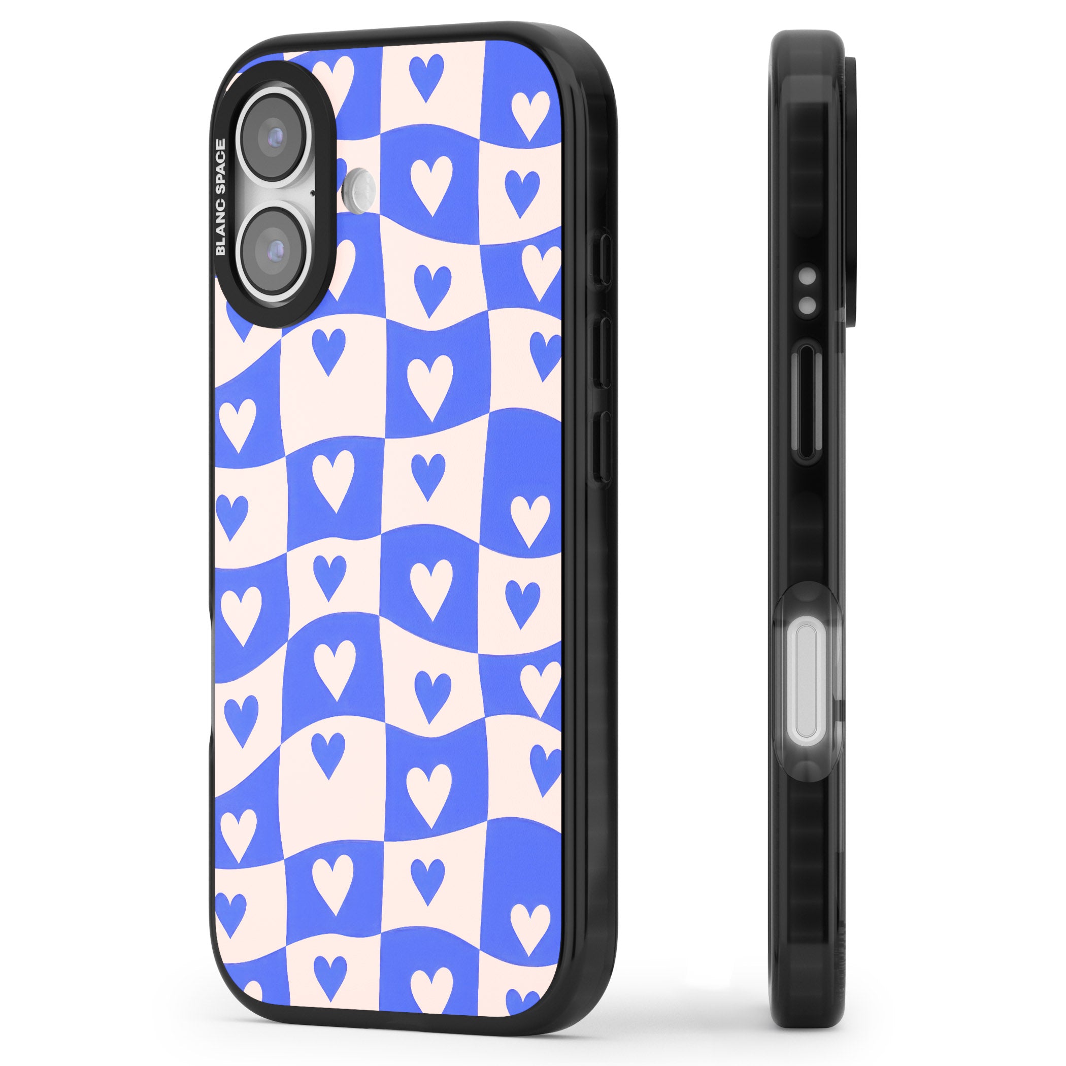 Blue Wavy Checked Hearts iPhone 17 Impact Black Phone Case Side Profile
