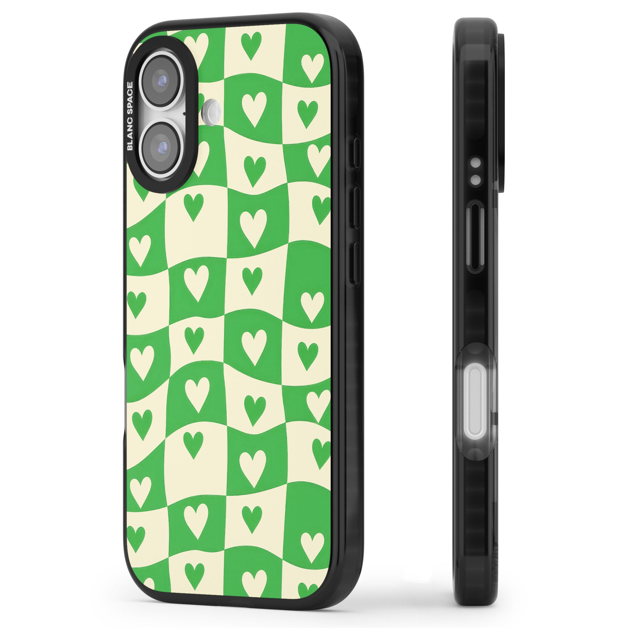 Green Wavy Checked Hearts iPhone 17 Impact Black Phone Case Side Profile