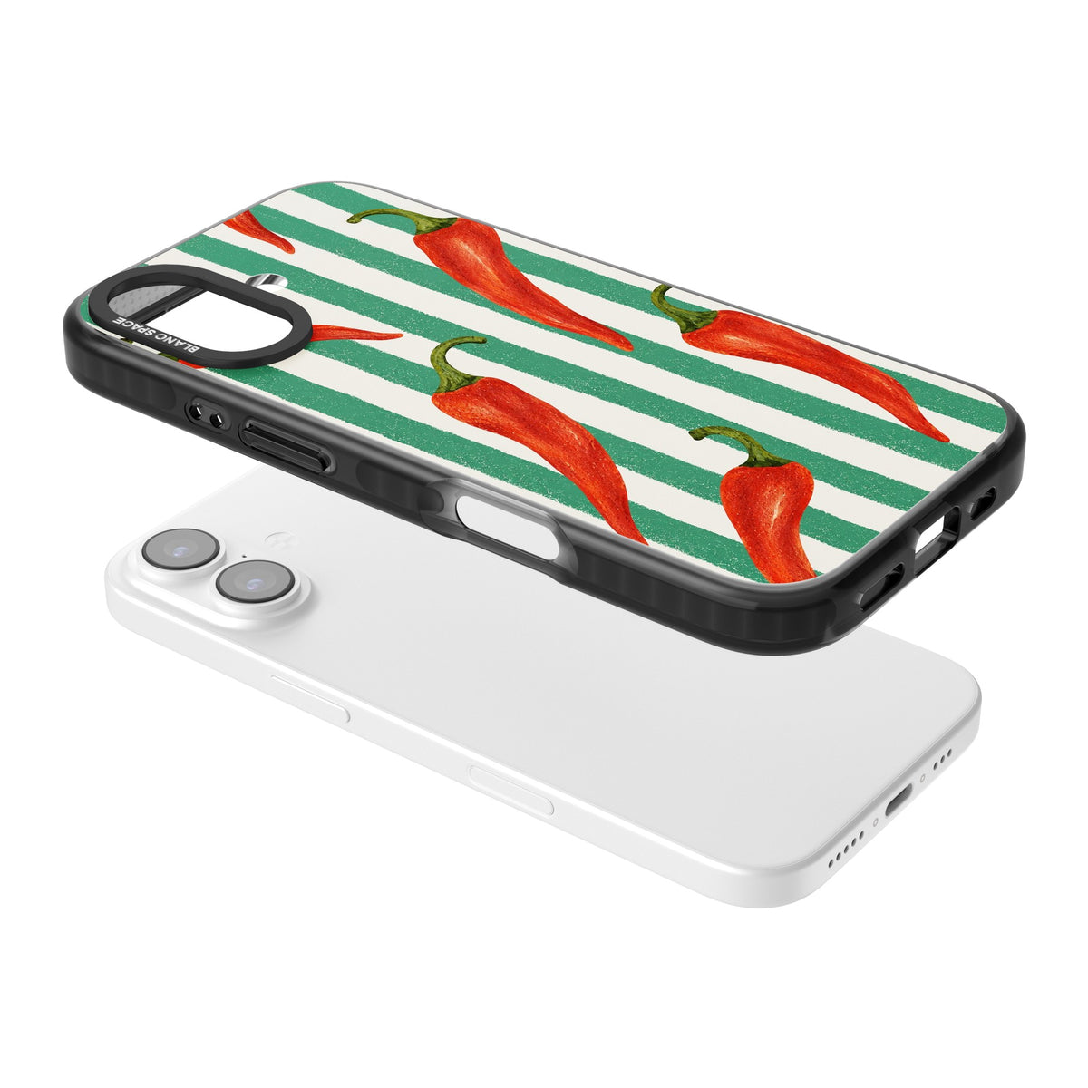 Striped Chillis iPhone 16 / iPhone 16 Plus / iPhone 17 Impact Black Phone Case angled