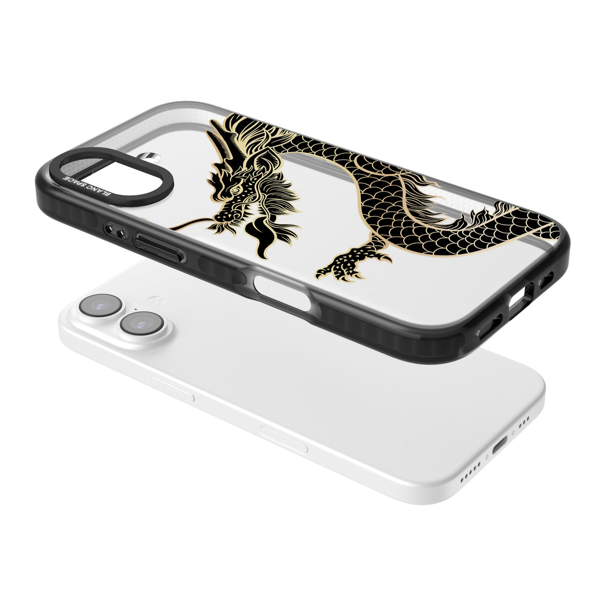 Large Black Dragon iPhone 16 / iPhone 16 Plus / iPhone 17 Impact Black Phone Case angled